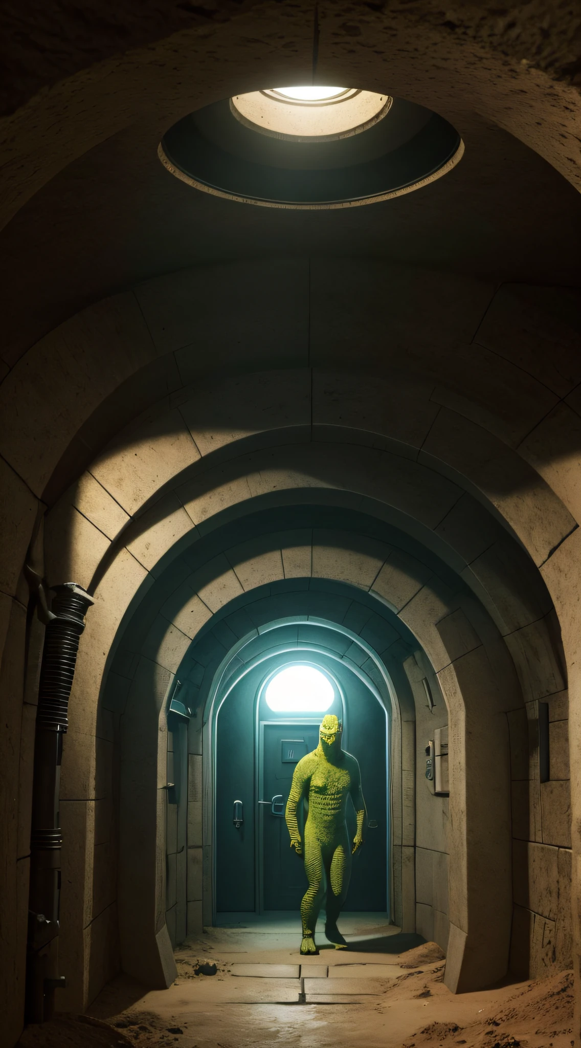 Illustrate a secret underground chamber where lizard people gather to plan their global domination, complete with high-tech equipment and hidden entrances.