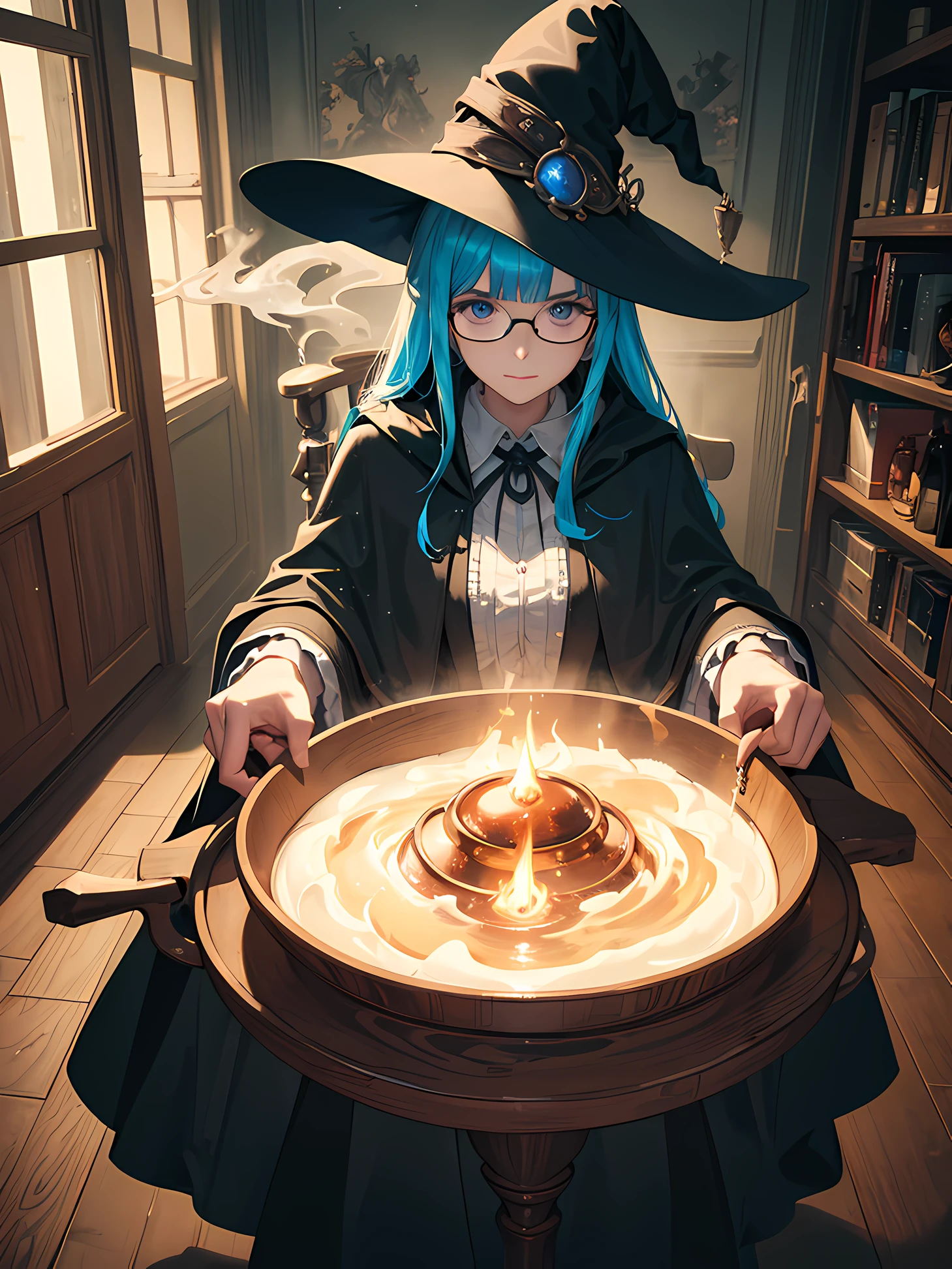 Witch with large hat and glasses, deteriorated long black cape, stitching details on the clothing, old-fashioned design, holding a wooden staff, in front of her a cauldron with colored liquid coming out colored smoke, BREAK, in the background shelves with glass bottles and potions, (ultra-realistic), {extremely detailed CG unit 8k wallpaper}, Expansive landscape photography, (a centered view showing the character model, expansive open field view), (low-angle shot), (high light: 1.2 ), (low light: 1.0) (warm light source: 1.5), complex details, (Iridescent colors: 1.5), (bright lighting), (atmospheric lighting), dreamy, magical, fantastical, solo1