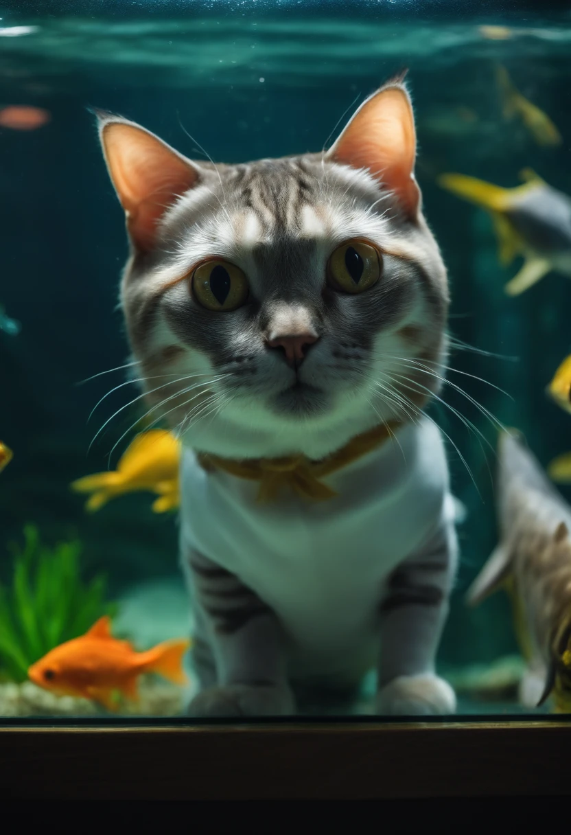 A cat in a shark costume looks at the fish in the aquarium