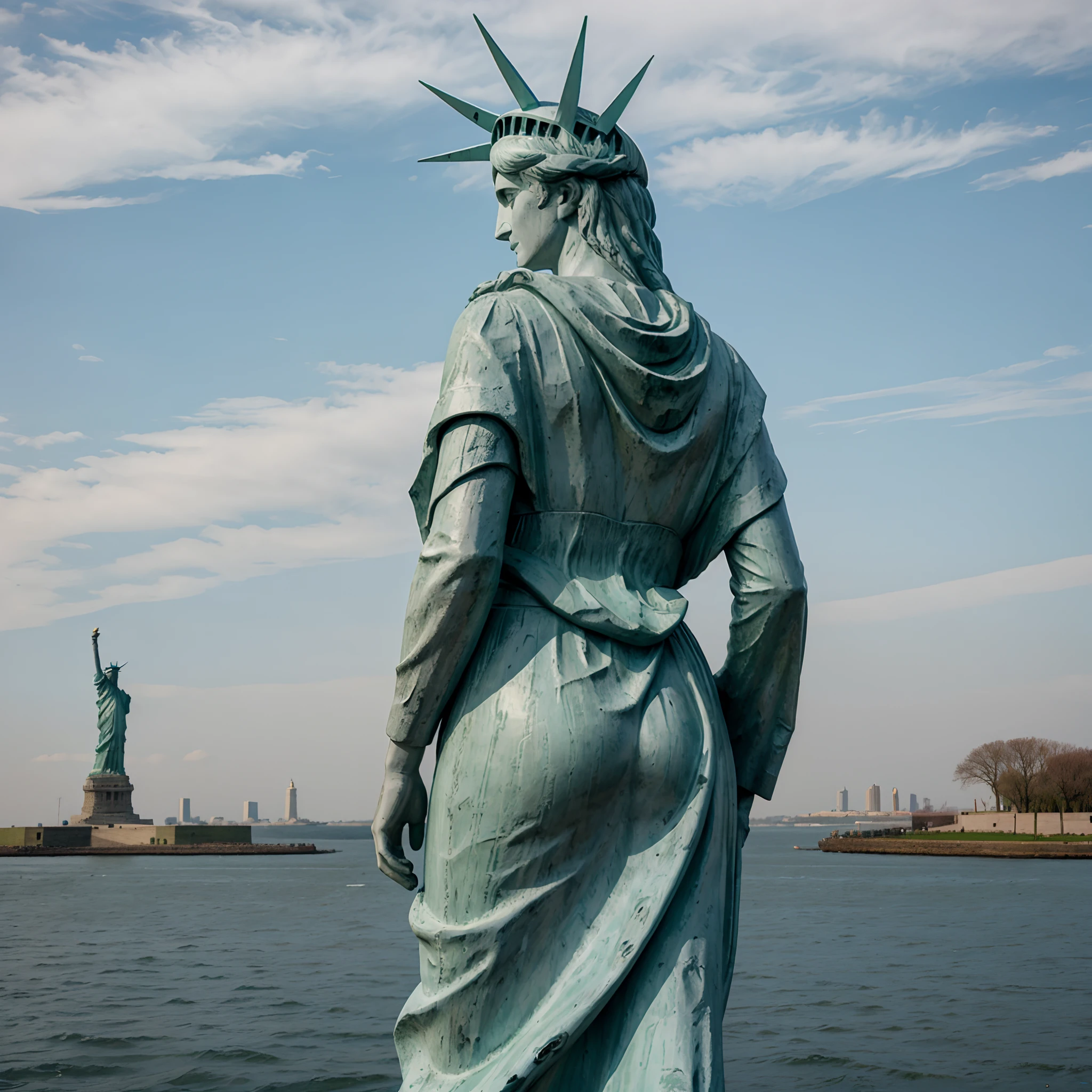 Statue of Liberty, windyupskirt, from behind, looking back at the viewer, best quality, fine details, (YES NSFW)