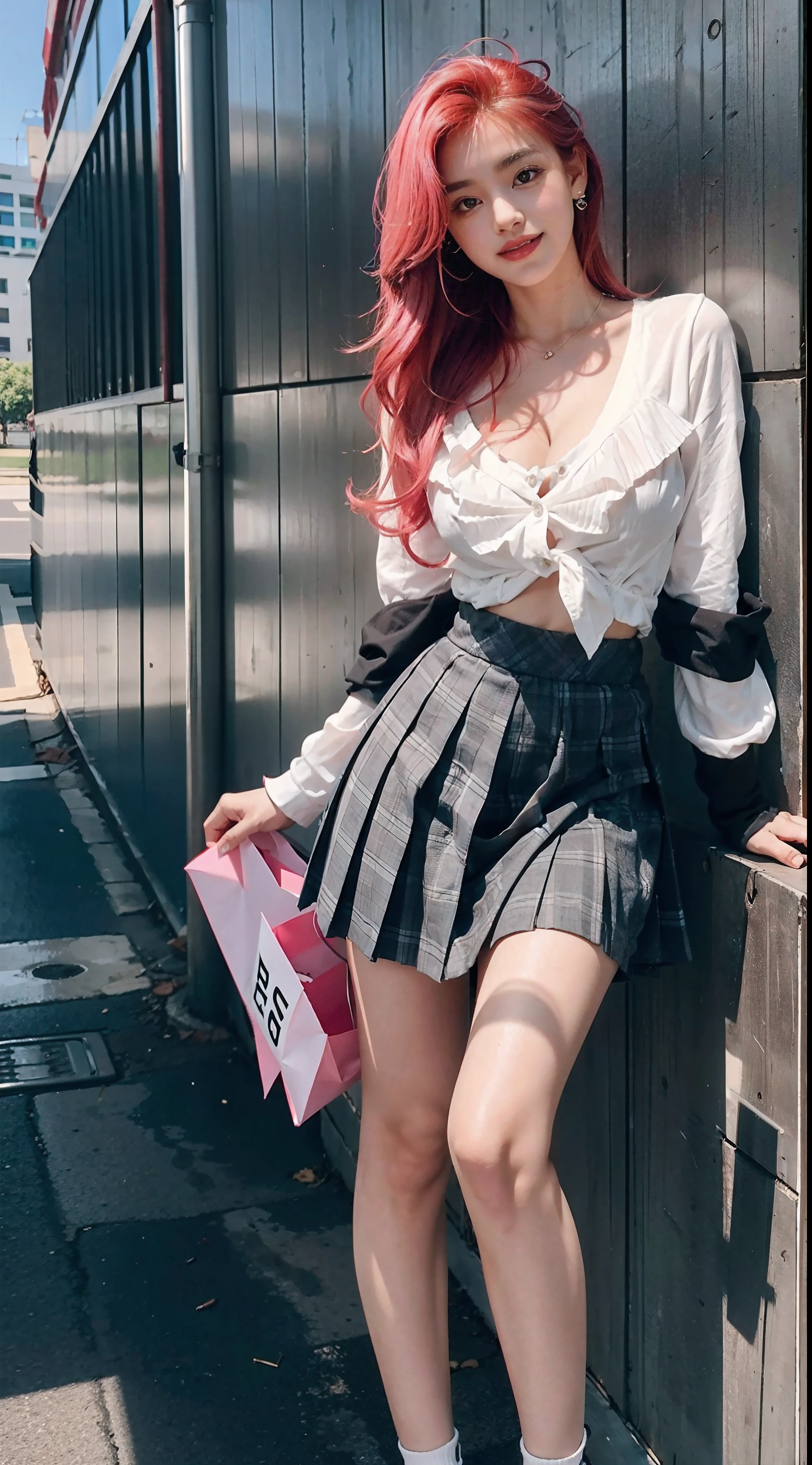 18-year-old member of the girl group,G-cup,Sexy appearance,The beauty of mixed races,Dark gray pleated skirt,short skirt,White color blouse,Undo the top three buttons,Expose cleavage,With a card with red hair,Sweet smile,Pink hair,huge size eyes,White mid-length cotton socks,White Converse canvas shoes,Stand on campus