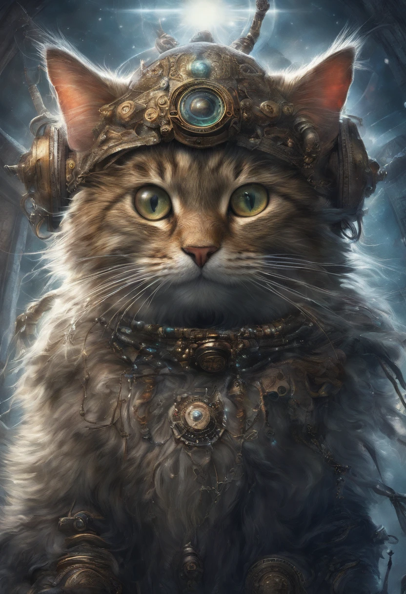 galactic cat with a lot of hair on it's head, third eye, staring at something in the distance, intricate details,  electric, fantasy art, Anato Finnstark, emulsion painting, highly detailed, misty
rutkowski, hdr, hyperdetailed, rim light, faded, dim