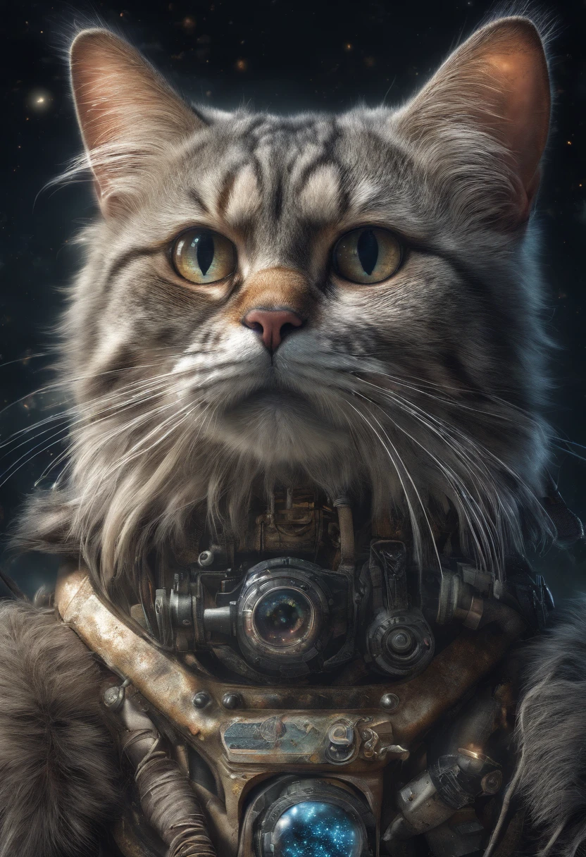 galactic cat with a lot of hair on it's head, third eye, staring at something in the distance, intricate details,  electric, fantasy art, Anato Finnstark, emulsion painting, highly detailed, misty
rutkowski, hdr, hyperdetailed, rim light, faded, dim