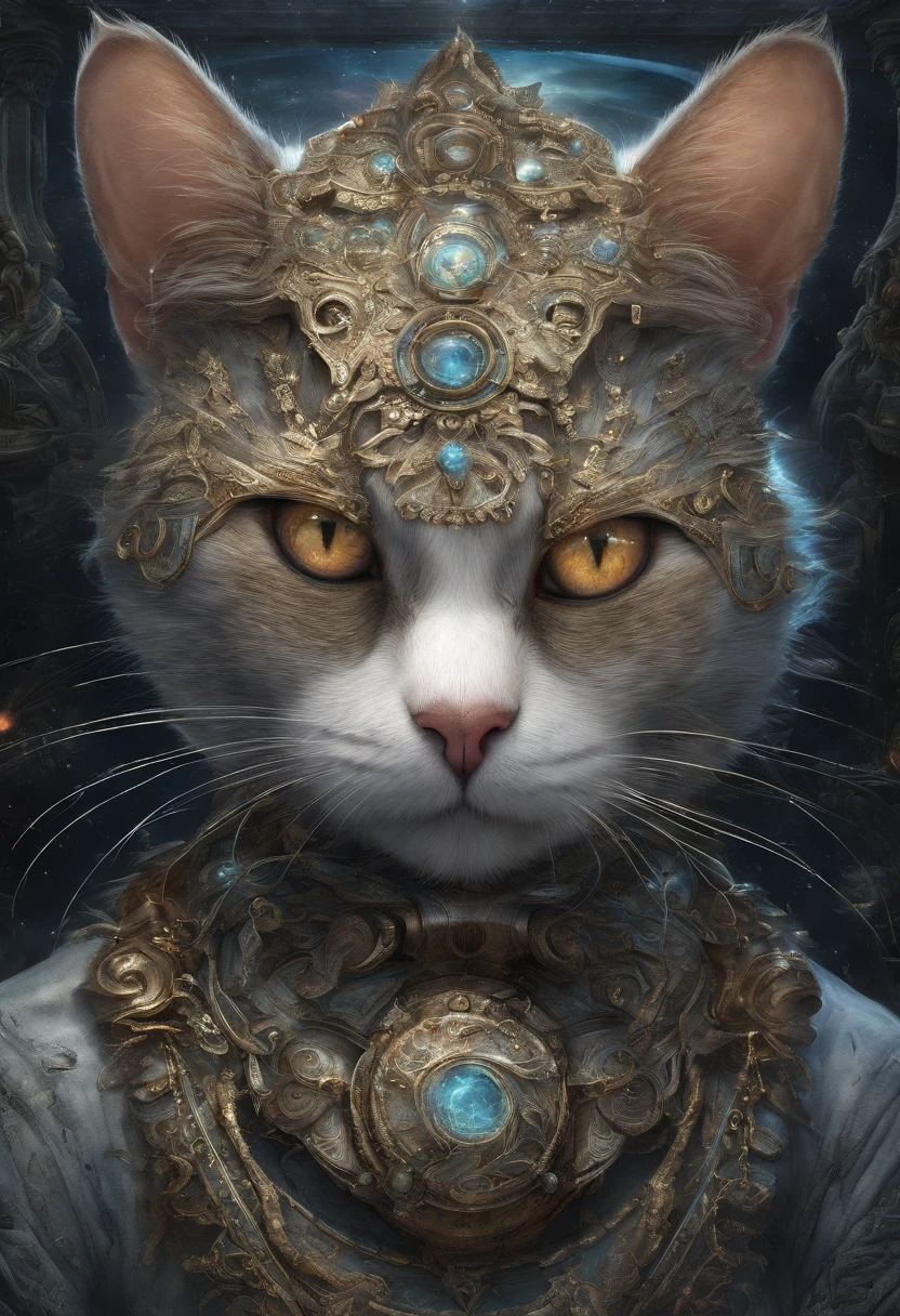 galactic cat with a lot of hair on it's head, third eye, staring at something in the distance, intricate details,  electric, fantasy art, Anato Finnstark, emulsion painting, highly detailed, misty
rutkowski, hdr, hyperdetailed, rim light, faded, dim