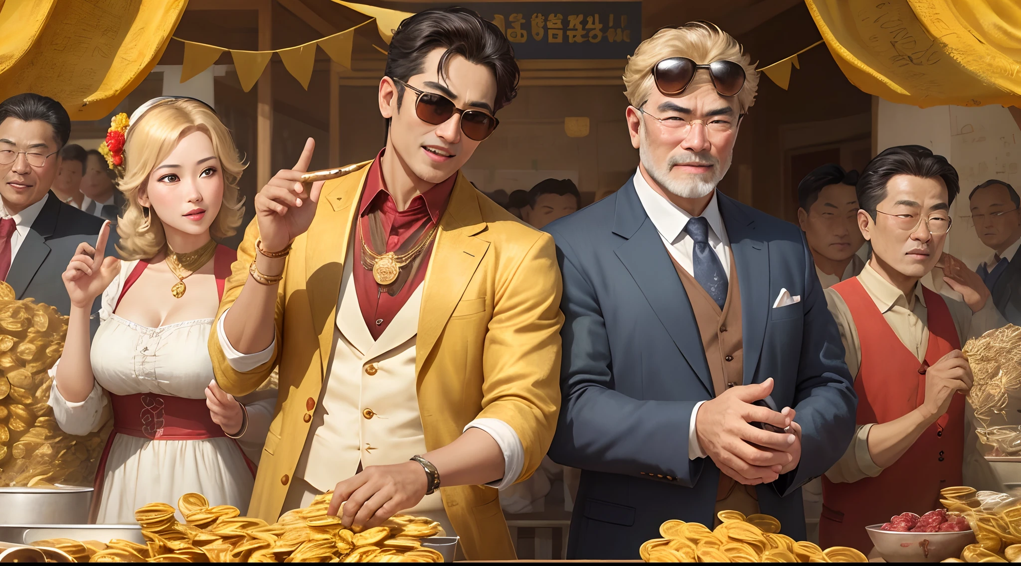 (a poster), bumper harvest, Best quality, Super detailed, illustration, The graph is centered, Young and middle-aged men in Asia,Successful people, upperbody closeup, Boss, Wearing sunglasses, suit, Head down, Happy expression, celebrating, Many gold coins,money, cheer, comfortable, Hold funds, jin shan, wide - angle shot, Top-down shooting, distance, (far away from camera), Many gold coins in the background,Golden vibe