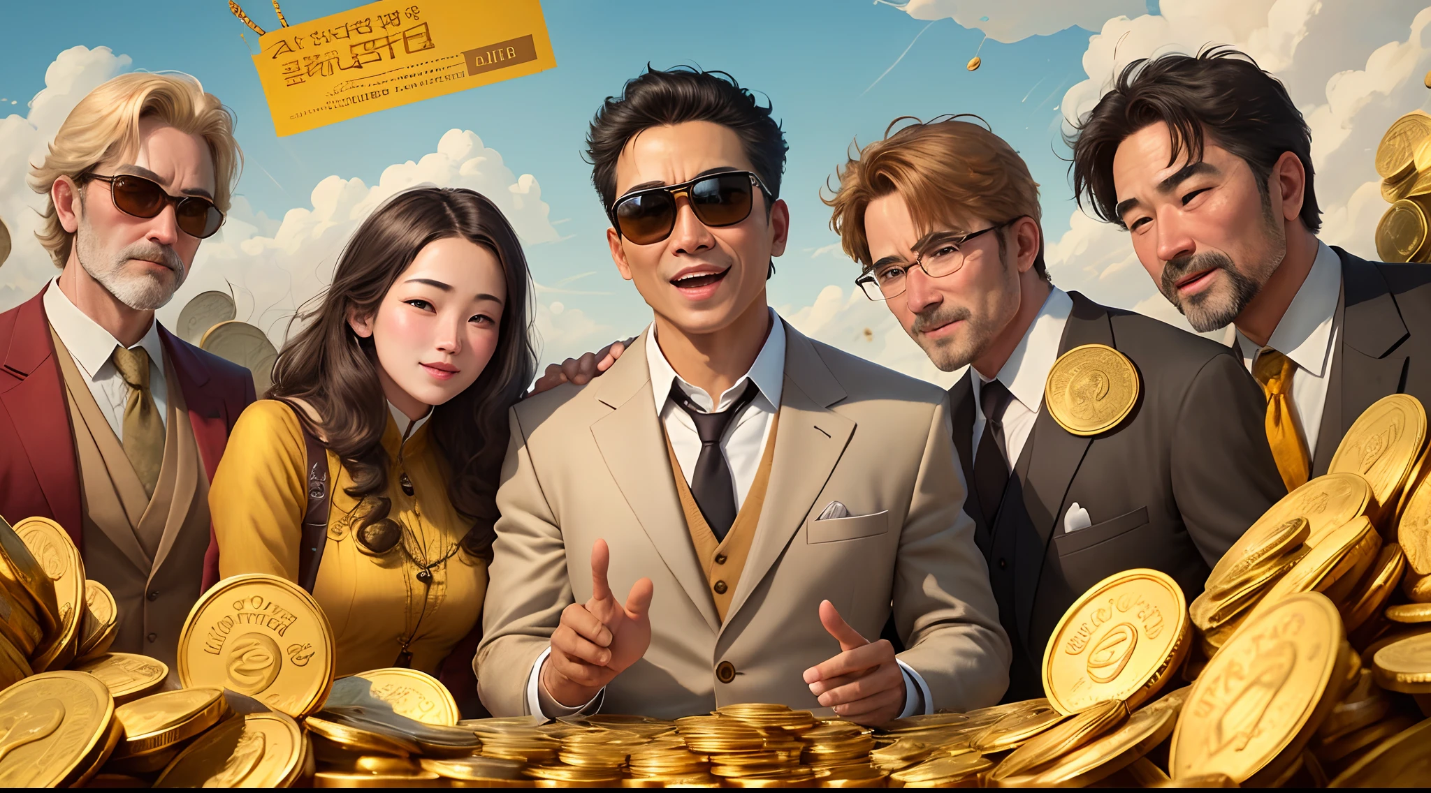 (a poster), bumper harvest, Best quality, Super detailed, illustration, The graph is centered, Young and middle-aged men in Asia,Successful people, upperbody closeup, Boss, Wearing sunglasses, suit, Head down, Happy expression, celebrating, Many gold coins,money, cheer, comfortable, Hold funds, jin shan, wide - angle shot, Top-down shooting, distance, (far away from camera), Many gold coins in the background,Golden vibe