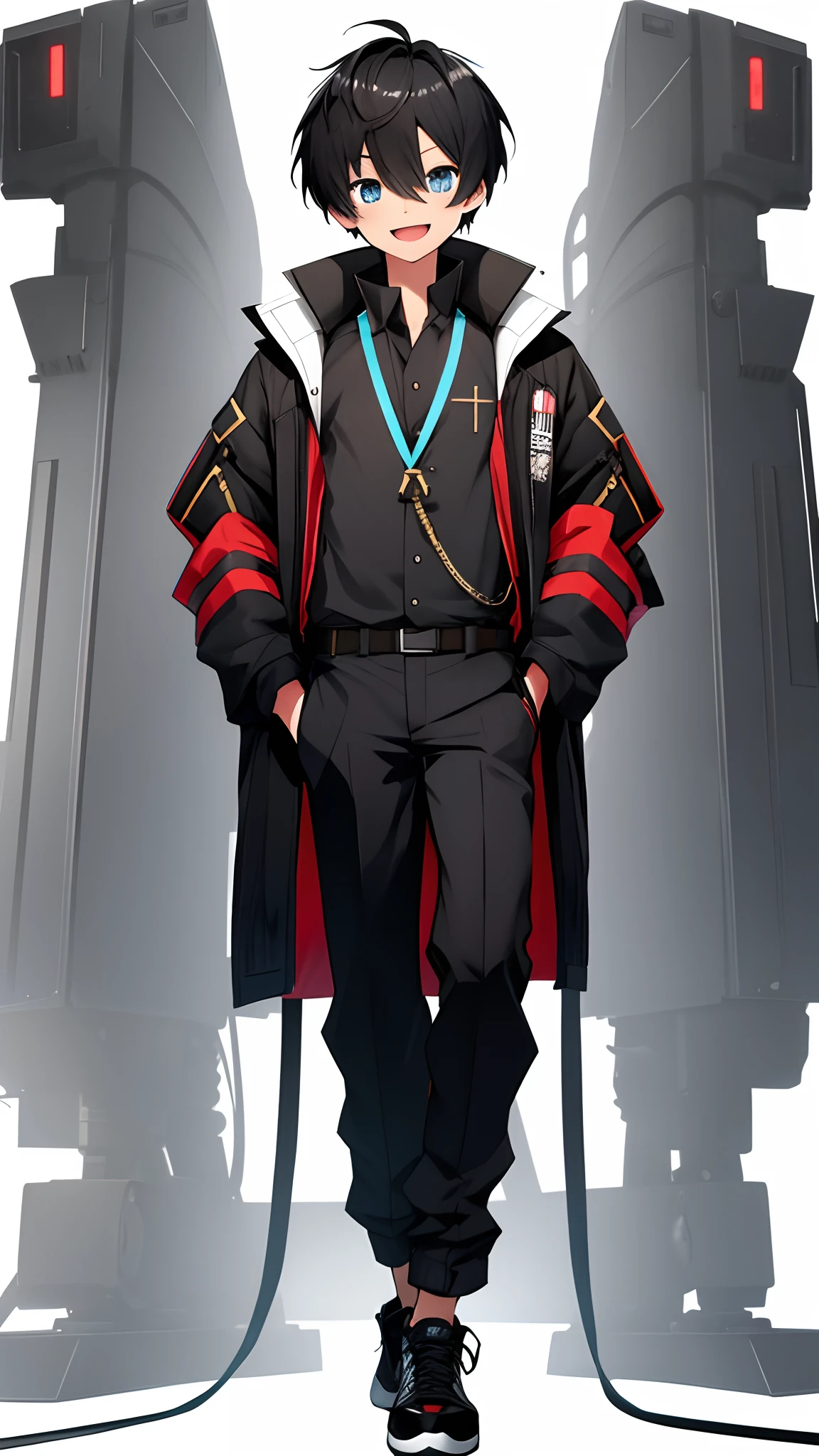 Full body,((Upright)), ((Arms at sides)), Looking at Viewer, simple background、White background, 1 boy, Open mouth, Smile, Virtual Youtuber、male child、((Best Quality, high_resolution, Distinct_image)),(Black hair), (absurdly short hair), , (Blue eyes),、A smile、(wearing shoes on feet)、concept-art、View Viewer。military outfits。Monocle attached。