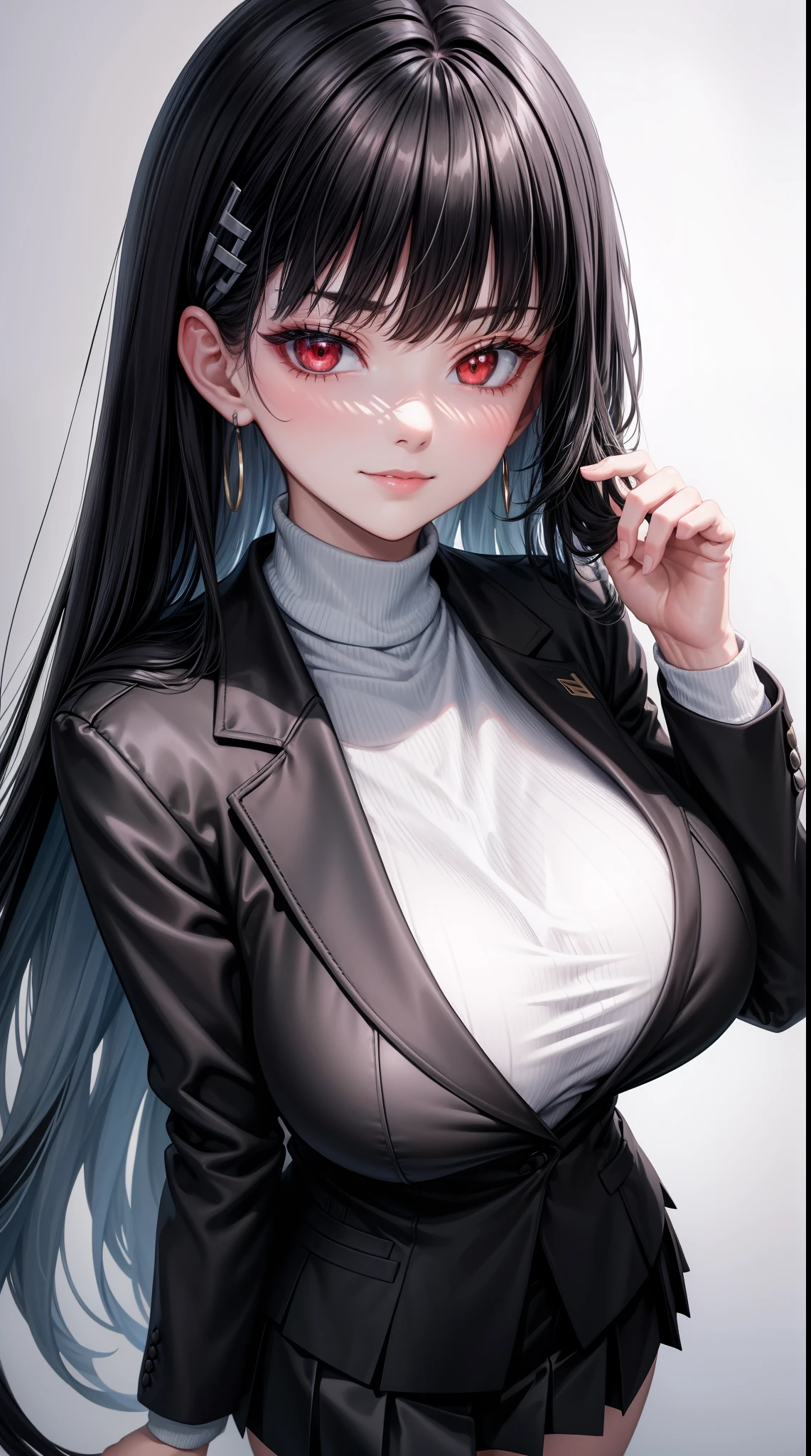 8k, highres, ultra detailed, (masterpiece:1.4), best quality, symmetrical body, (Black blazer with white roll neck sweater underneath:1.4), (short black skirt:1.4), choker, cute, solo, earrings, long hair, black hair, red eyes, glow effect, finely eye, wide smile, detailed face, looking at viewer, smilling at viewer, in the park, angled view, big breasts, seductive look