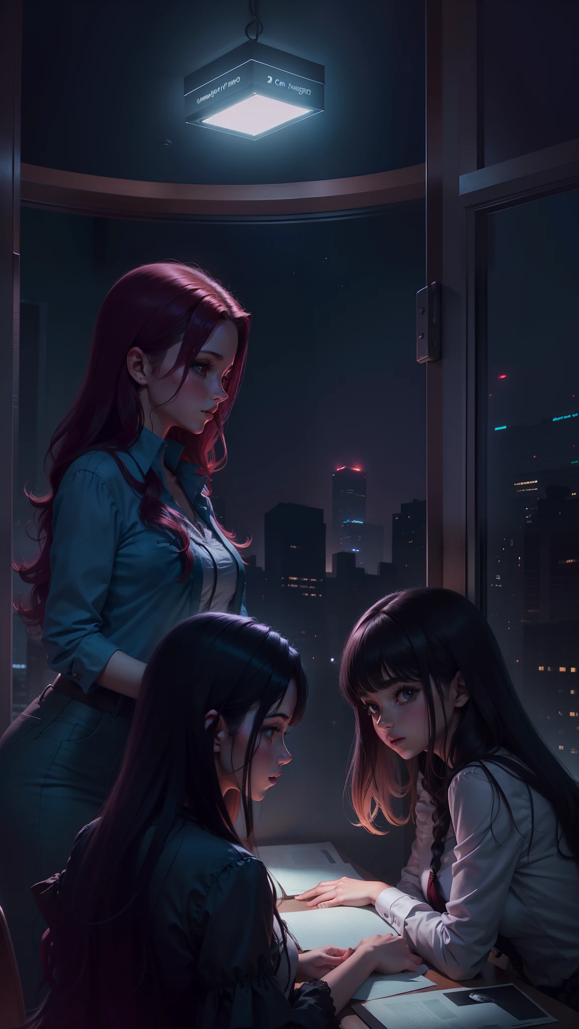 2 girls inside a dark office at night, Mary prayer and magic, um garota tinha um cabelo curto e vermelho, e a outra garota tinha um cabelo longos e preto com mechas azuis. it is night time, and the 2 girls are inside an office