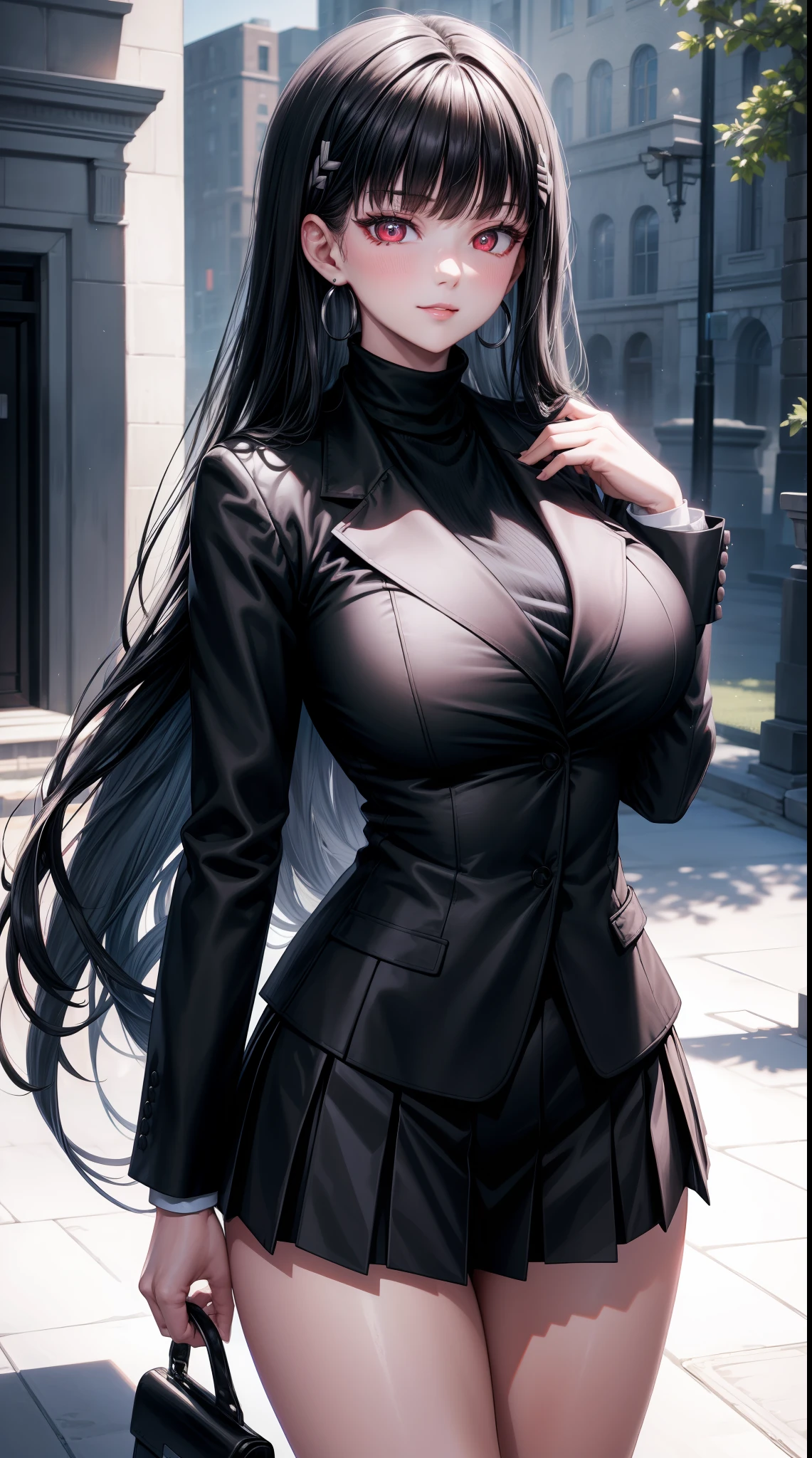 8k, highres, ultra detailed, (masterpiece:1.4), best quality, symmetrical body, (Black blazer with white roll neck sweater underneath:1.4), (short black skirt:1.4), choker, cute, solo, earrings, long hair, black hair, red eyes, glow effect, finely eye, wide smile, detailed face, looking at viewer, smilling at viewer, in the park, angled view, big breasts, seductive look