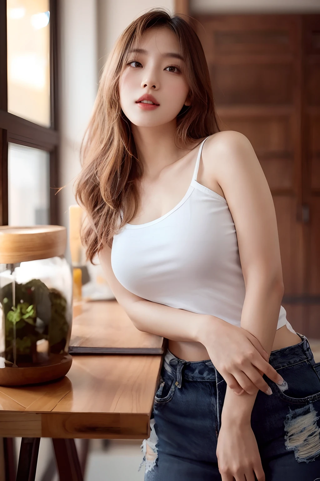 Realistic campfire，best qualtiy，Photorealistic 8K，best qualtiy，tmasterpiece，realisticlying，Photorealistic，a beauty girl，With a ponytail，Looks very sweet，Medium chest，There is cleavage。Wear ultra-shorts。Blink seductively