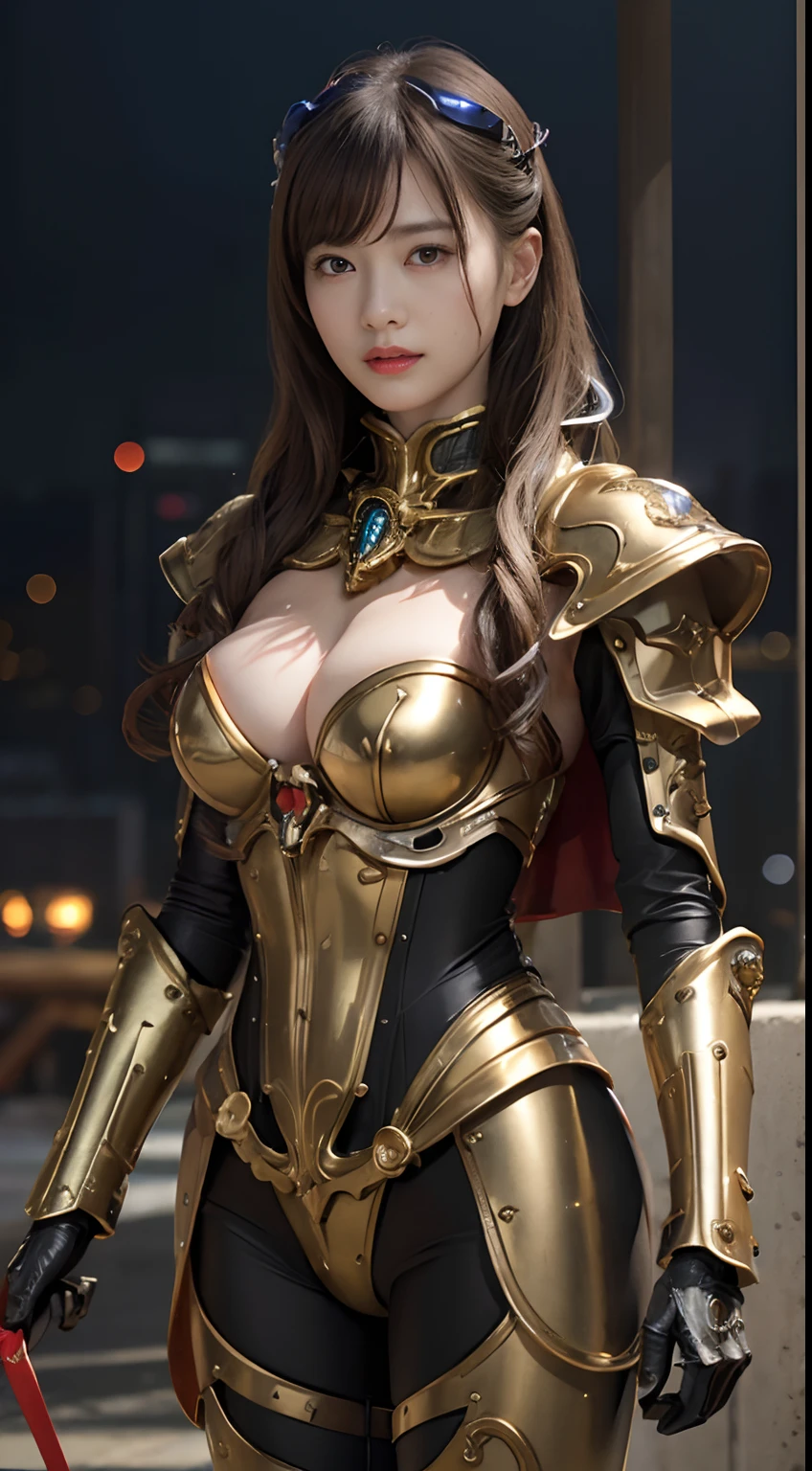 (1 Mechanical Girl)、top-quality、​masterpiece、超A high resolution、(Photorealsitic:1.4)、Raw photo、女の子1人、Golden hair、glowy skin、(((1 Mechanical Girl)))、With a beautiful knife、（Silver Metal Bodysuit）、(Medieval European city background)、(Small LED)、((super realistic details))、portlate、globalillumination、Shadow、octan render、8K、ultrasharp、Colossal tits、Raw skin is exposed in cleavage、metals、Details of complex ornaments、Japan details、highly intricate detail、Realistic light、CGSoation Trends、Red Eyes、radiant eyes、Facing the camera、neon details、(Mechanical limbs)、()、Mechanical vertebrae attached to the back、mechanical cervical attaching to neck、()、Gundam、Small LED、,Mechanical thighs、Toostock、