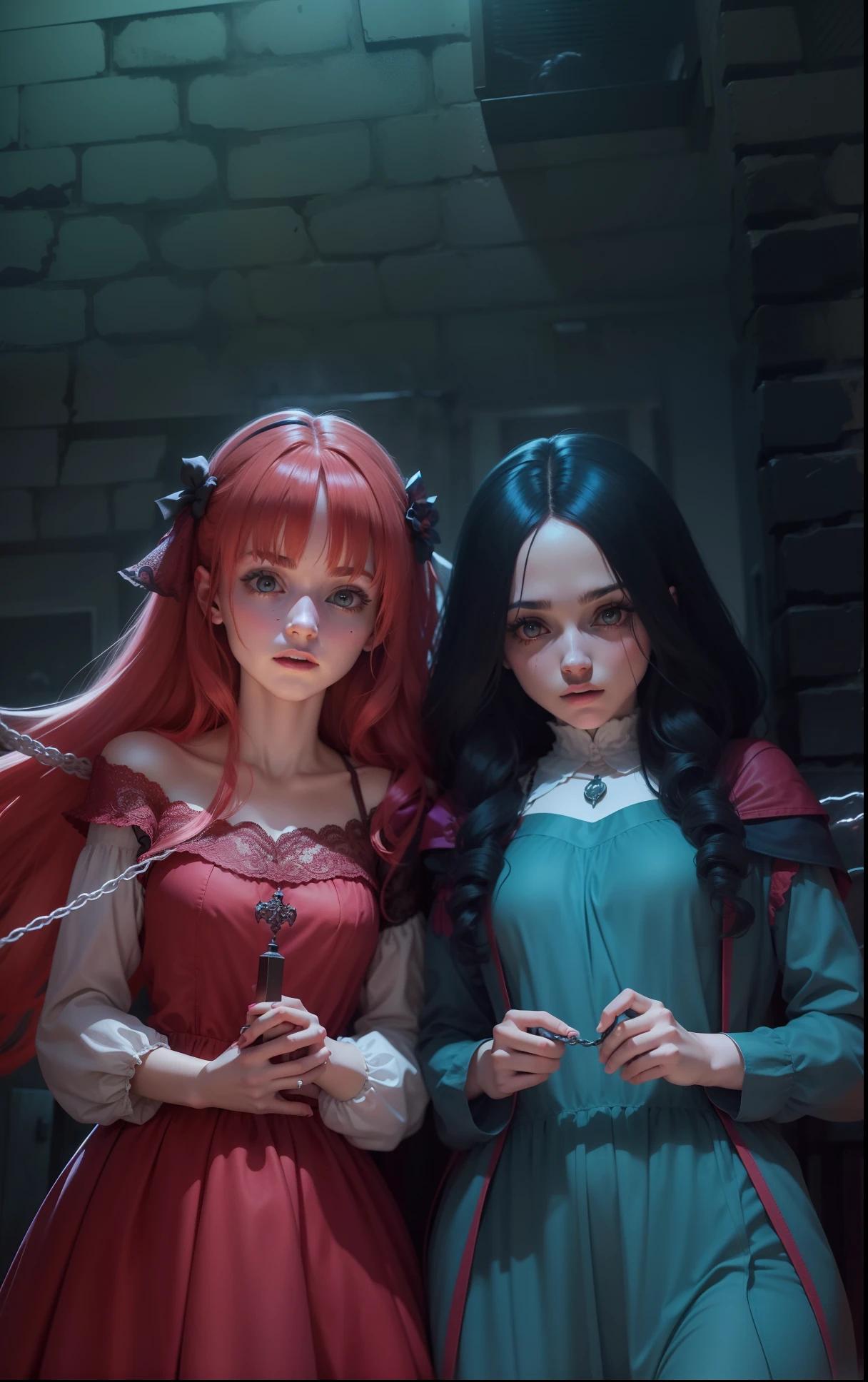 2 women inside a dark captivity at night, Mary prayer and magic, um mulher tinha um cabelo curto e vermelho, e a outra mulher tinha um cabelo longos e preto com mechas azuis. it is night time, and the 2 girls are inside the basement with a ghost
