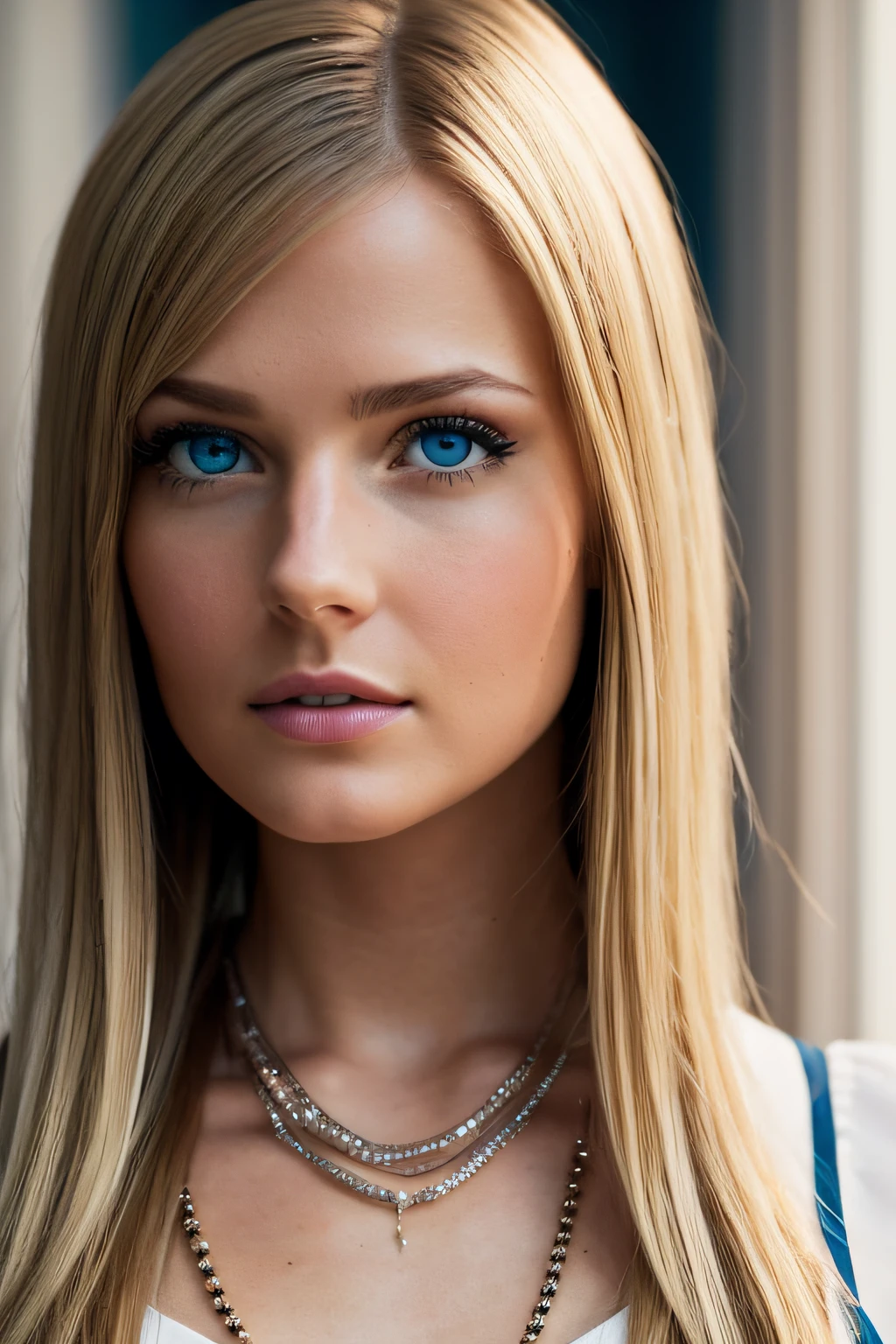 Slender, young, short blonde hair, blue eyes, in office with desk, natural skin texture, 24mm, 4K textures, soft cinematic light, RAW photography, photorealistic, photorealistic, complex, elegant, highly detailed, sharp focus, (((cinematic look))), calm Tone, Insane Detail, Complex Detail, Ultra Detail, High Contrast, Soft Cinematic Light, Dim Colors, Exposure Blending, HDR, Faded, Cold, Waist Thin, Well-Proportioned, (8k, 4k, Top Quality, Hi-Res: 1.1), (Realistic, Photorealistic: 1.1), Girl 1 People, Solo, Twin Tails, Blonde Hair, Bangs, Long Hair, Necklace, Earrings, Lips, Eye Shadow, Jewelry, (Viewer Looking For: 1.8), Spaghetti Straps, Detail, High Contrast, from_side, srfc, stunning complex full color portrait, wearing business dress, spectacular character composition, sharp focus, natural light, sub-surface scatter, f2, 35mm, film grain completely naked