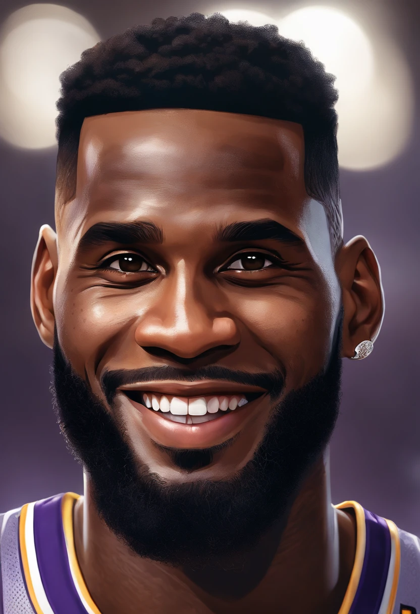 Close-up face portrait of a lebron james with smiling expressions, lakers jersey, soft smooth skin, Fantastic Big Eyes, beautiful intricate, Symmetrical medium color hair, Keep your eyes open for anime, Soft lighting, Detailed face, By Makoto Shinkai, Stanley Ateg Liu, Phlegm sputum, phlegm, rossdraws, concept-art, realistic, looking at the camera, 4D
