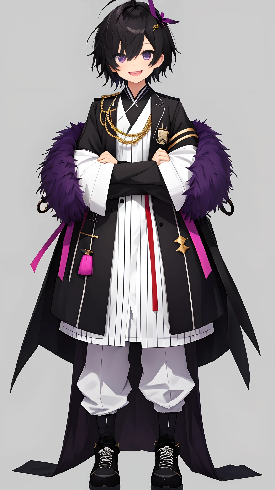 Full body,((Upright)), ((Arms at sides)), Looking at Viewer, simple background、White background, 1 man, Open mouth, Smile, Virtual Youtuber、man、((Best Quality, high_resolution, Distinct_image)),(Black hair), (absurdly short hair), , (Eyes are purple),、A smile、(wearing shoes on feet)、concept-art、View Viewer。military outfits。Monocle attached。