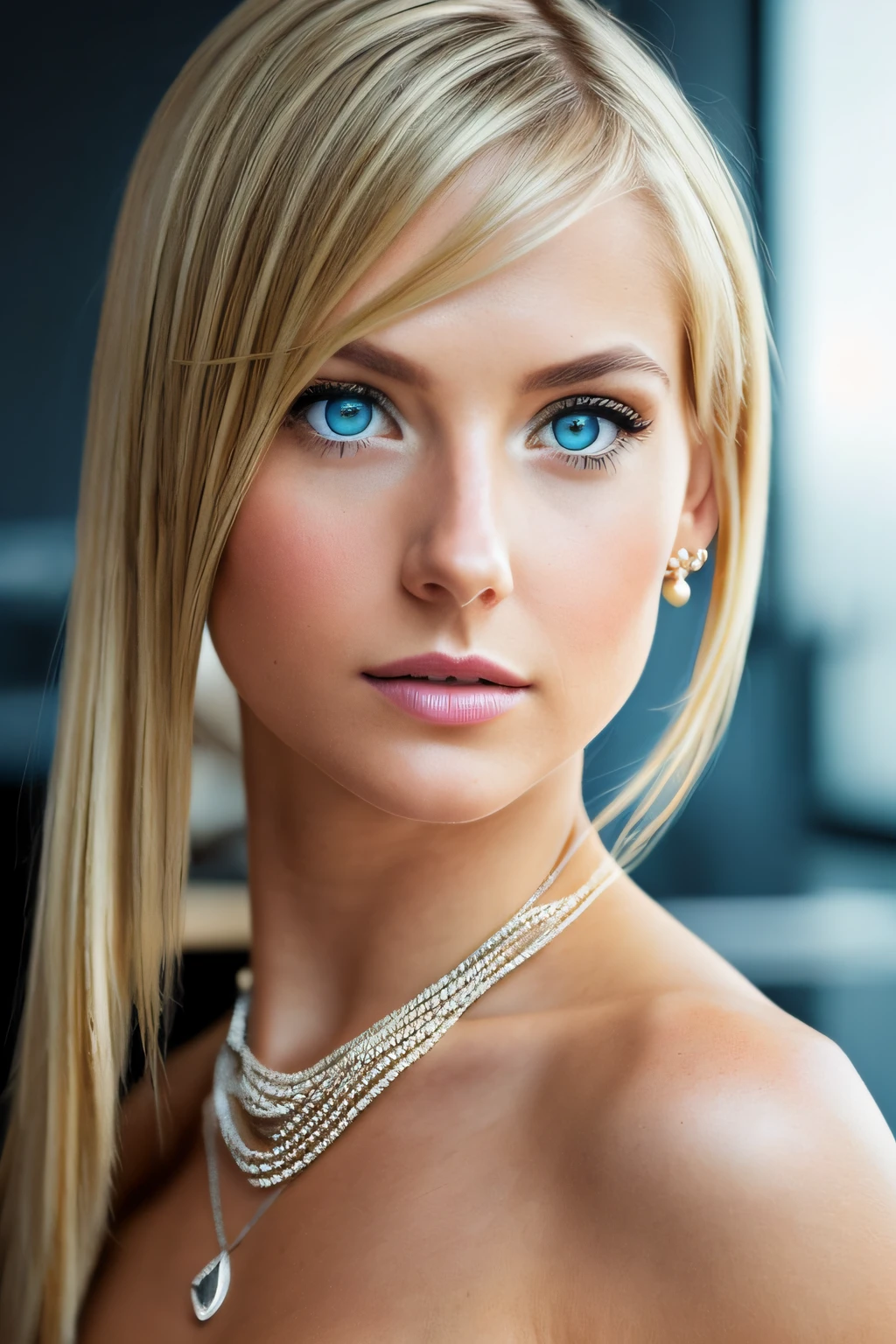 Slender, young, short blonde hair, blue eyes, in office with desk, natural skin texture, 24mm, 4K textures, soft cinematic light, RAW photography, photorealistic, photorealistic, complex, elegant, highly detailed, sharp focus, (((cinematic look))), calm Tone, Insane Detail, Complex Detail, Ultra Detail, High Contrast, Soft Cinematic Light, Dim Colors, Exposure Blending, HDR, Faded, Cold, Waist Thin, Well-Proportioned, (8k, 4k, Top Quality, Hi-Res: 1.1), (Realistic, Photorealistic: 1.1), Girl 1 people, Twin Tails, Blonde Hair, Bangs, Long Hair, Necklace, Earrings, Lips, Eye Shadow, Jewelry, (Viewer Looking For: 1.8), Spaghetti Straps, Detail, High Contrast, from_side, srfc, stunning complex full color portrait, wearing business dress, spectacular character composition, sharp focus, natural light, sub-surface scatter, f2, 35mm, film grain completely naked