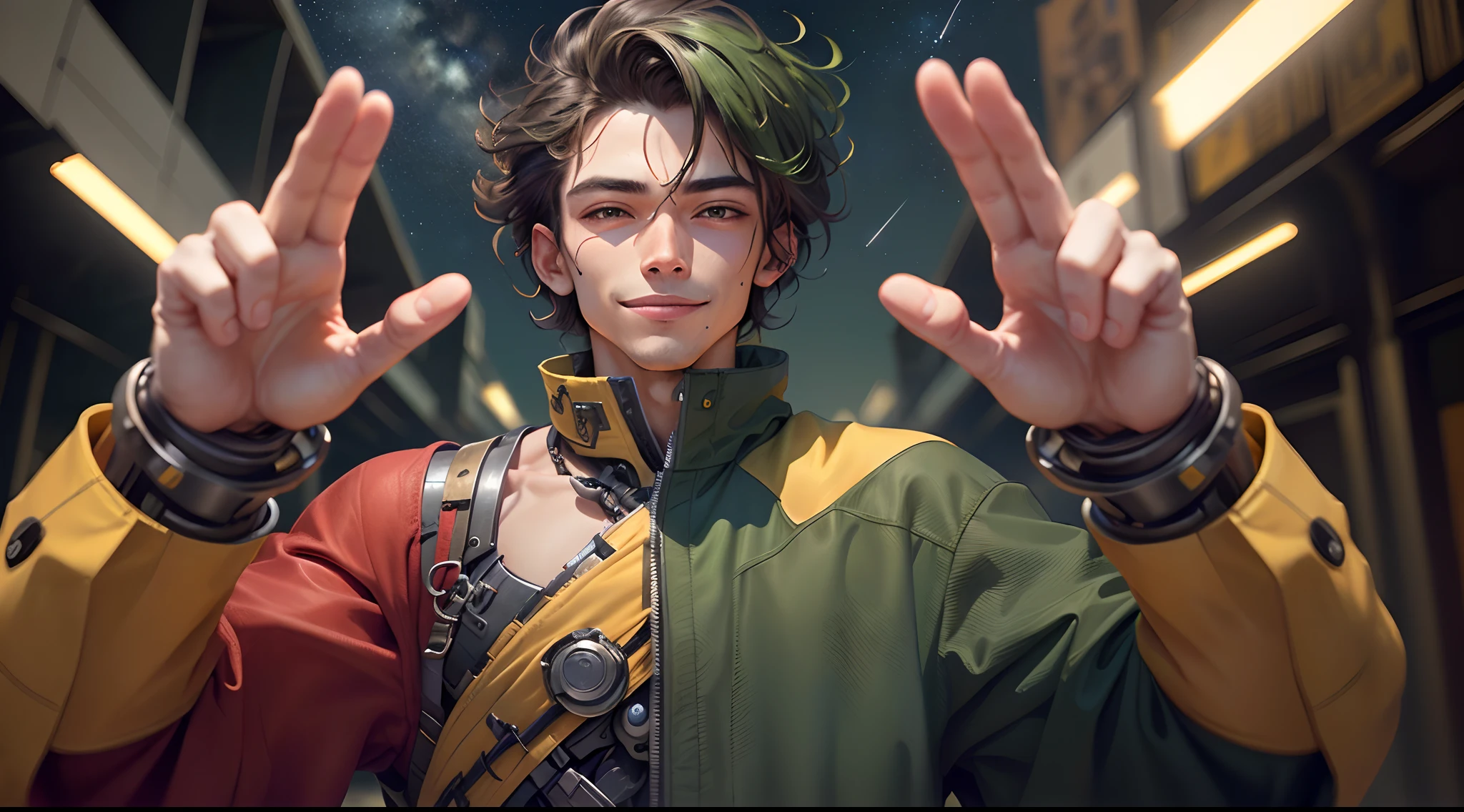 menino anime (macho),sorrindo,cabelos loiros curtos(mechanical right arm)green jacket,4k,(katana preta com detalhes em vermelho e aura verde),Gesture of peace with the hand,Bright scenery of night sky with stars