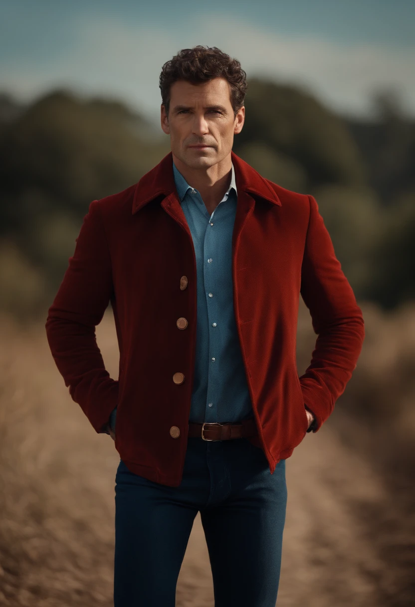 A handsom man in red, the style of patrick demarchelier. wearing a red velvet jacket and blue jeans , Tall and fit, (40 years old:1.1), (shaven:1.2), (short brown hair and a little curly:1.5),(very short hair:1.6). in the style of ethereal beauty, realistic blue skies, hasselblad 1600f, hyper-realistic portraiture, bold colors, dynamic lines, smooth and polished .