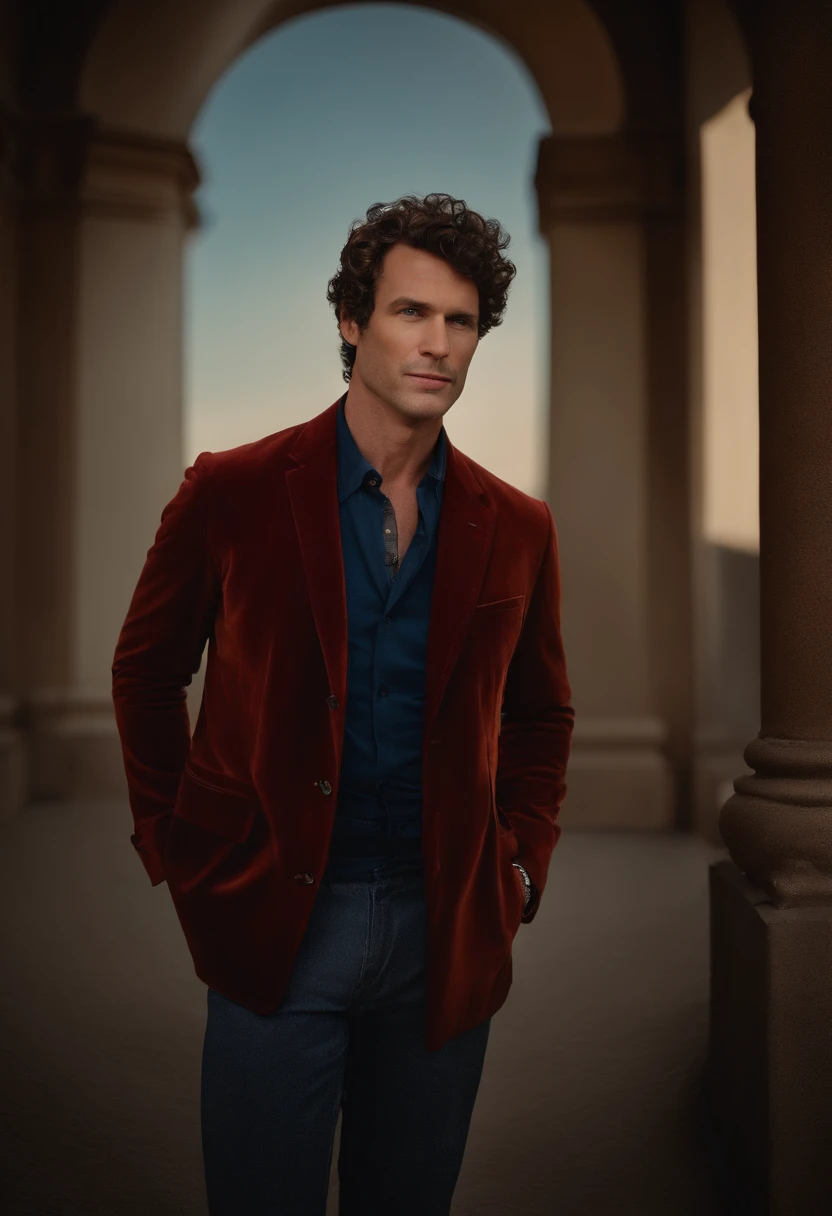 A handsom man in red, the style of patrick demarchelier. wearing a red velvet jacket and blue jeans , Tall and fit, (40 years old:1.1), (shaven:1.2), (short brown hair and a little curly:1.5),(very short hair:1.6). in the style of ethereal beauty, realistic blue skies, hasselblad 1600f, hyper-realistic portraiture, bold colors, dynamic lines, smooth and polished .