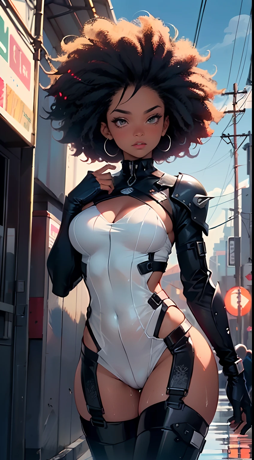 girl spacepunk,(((1girl))),((cute and beautiful afro haired girl)),((((black race)))),
(large breasts:1.4),saggy breasts,((((black afro hair:1.35,((afro hair:1.35)),afrohair,afro:1.35,dark hair,black hair,)))),medium hair, red:1.5,(((heterochromia))),intricate eyes,beautiful detailed eyes,symmetrical eyes,((fat)),((((tan,dark skin,black skin:1.35,dark-skinned_female,dark skin:1.3,ebony skin,lustrous skin:1.5,bright skin: 1.5,shiny skin,very shiny skin,shiny body,illuminated skin,wet legs)))),(spider lower abdomen,narrow waist,wide hip,athletic body,inflated legs,delicate detailed fingers),(((detailed face))),
cute,slutty,sensual,seductive look,seductive,erotic,enchanting,((nsfw)),
zettai ryouiki,revealing clothing,show skin,(wearing a mechanical space body armor:1.3,micro armor bikini,bare legs,an armored arm),(((wet clothes,intricate outfit,intricate clothes))),
(dynamic pose:1.0),solo focus,embarrassed,(centered,scale to fit dimensions,Rule of thirds),
cyberpunk city by the ocean at night, with bright neon signs and dark stormy clouds and puddles, scenery:1.25,
artistic photography,(photography taken by sldr),highres, sharp focus, (ultra detailed, extremely detailed), (photorealistic artwork:1.37),(extremely detailed CG unity 8k wallpaper),((synthwave background theme)),(((vibrant colors))),(intricate background),(masterpiece),(best quality),