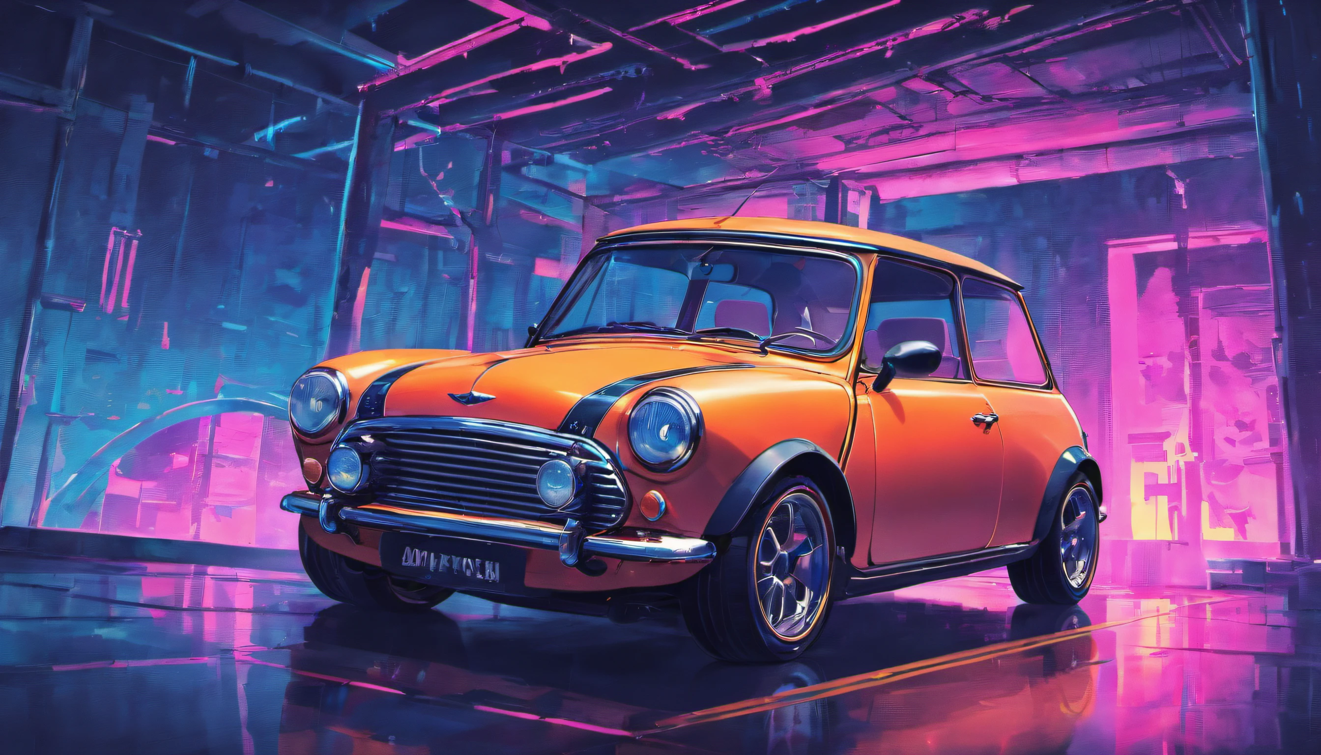 a mini Cooper identical to the real one in front of the sunset, Estilo Vaporwave, Estilo neon, linhas suaves, Arte do adesivo vetorial, vector kernel, detalhes intrincados, design de camiseta preta, 8k