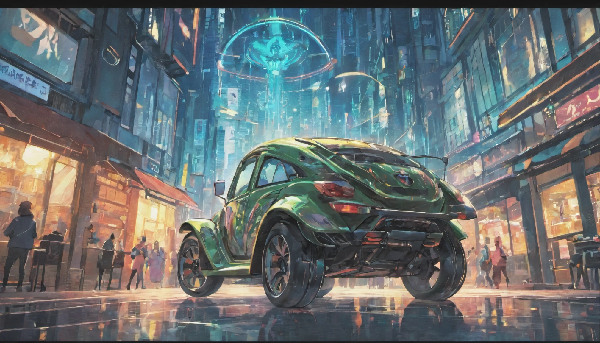 Mirrored silver buggy in the city,frontage,Cyberpunk style,Gorgeous background