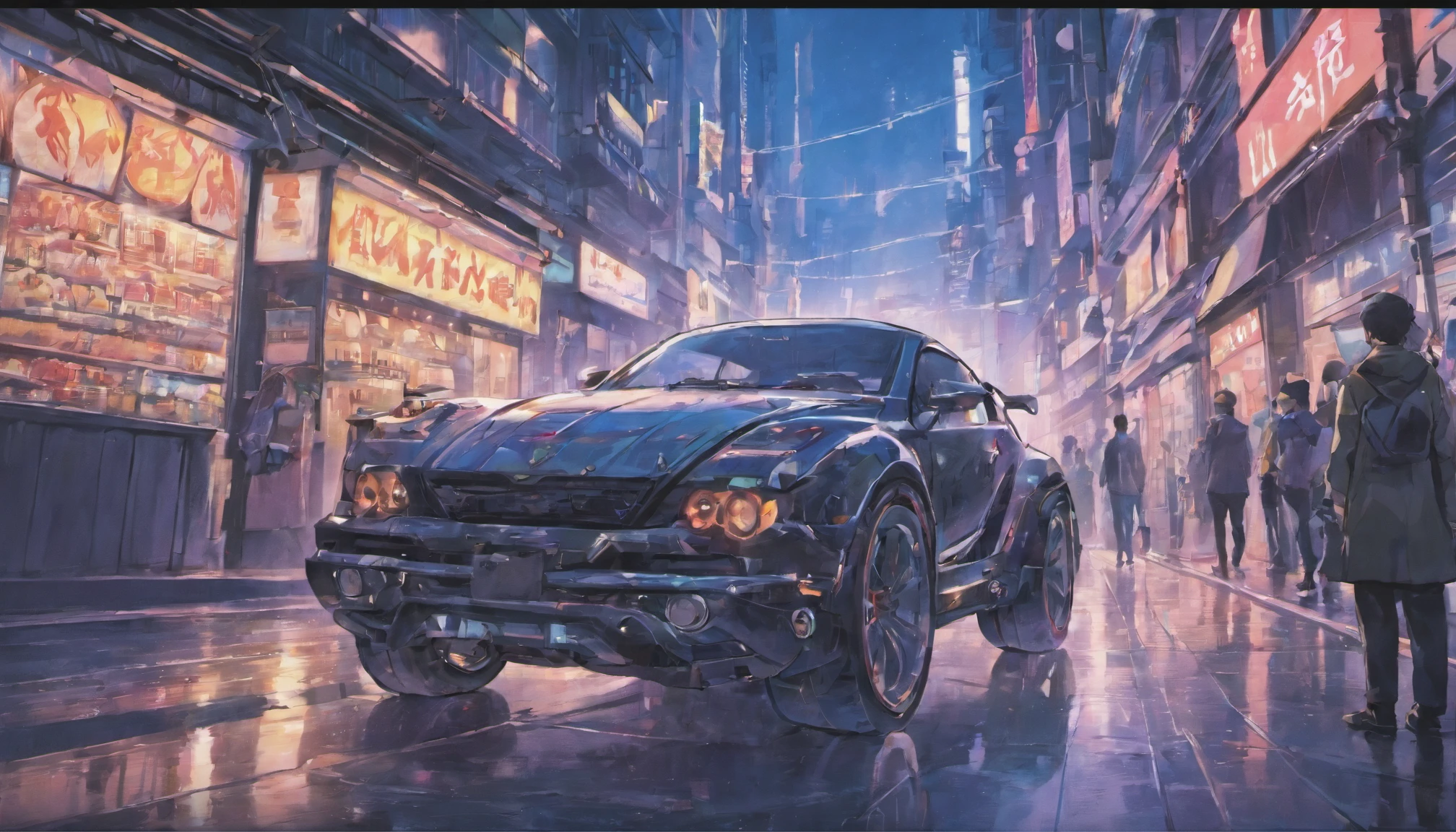 Mirrored silver buggy in the city,frontage,Cyberpunk style,Gorgeous background
