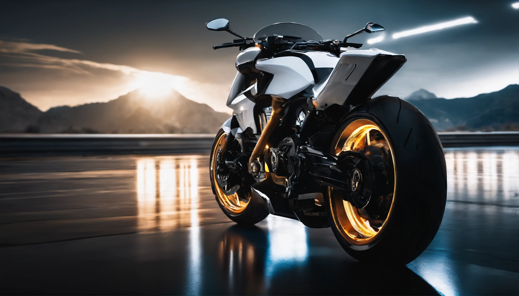 Technological，Future，the motorcycle，Mechanized，white backgrounid，Lighting effects and light effects，Highly detailed，8K