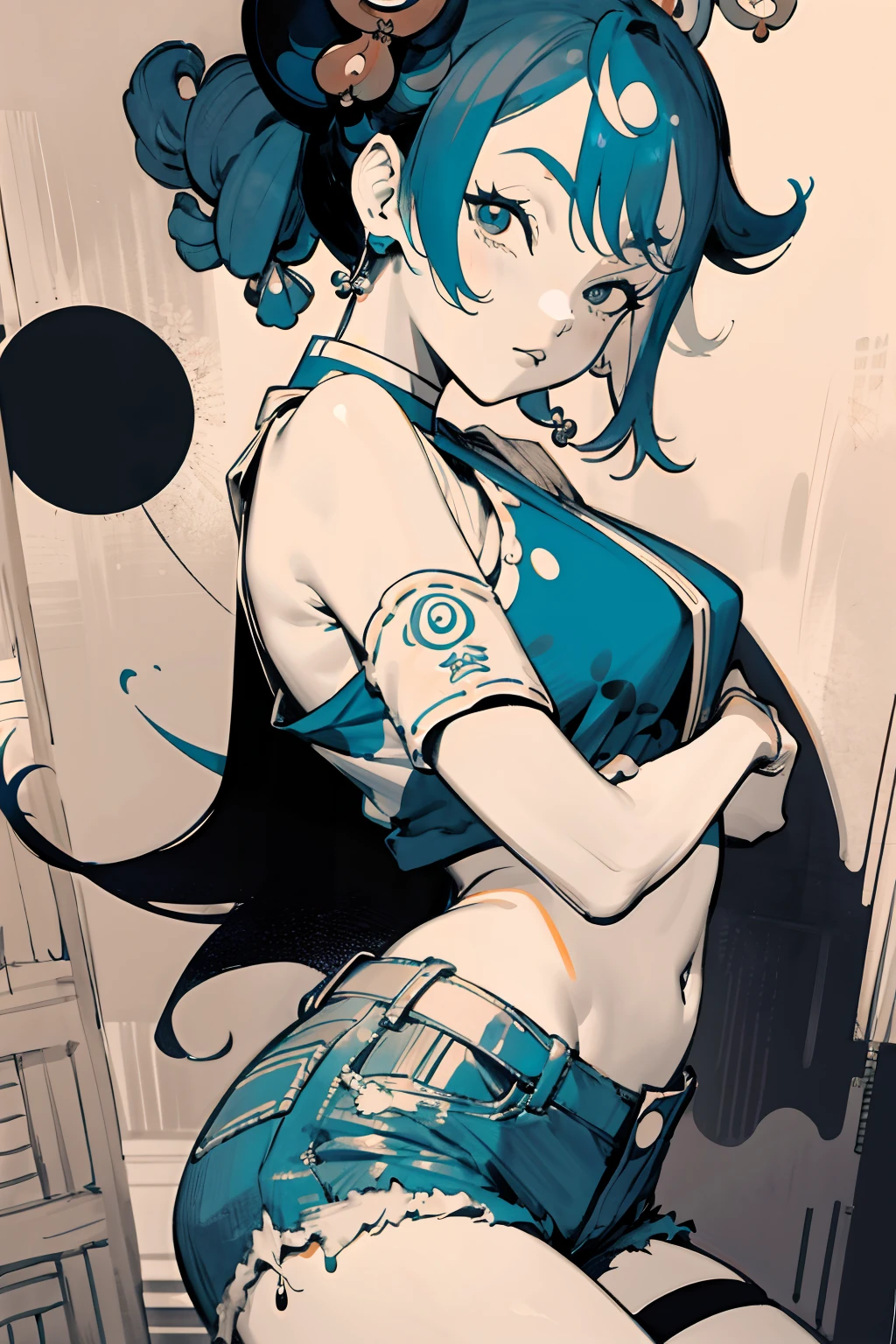 absurdres, best quality,1girl, solo, streaked hair, crop top, denim shorts, choker, (ukiyoe limited palette:1.5), paint splatter, arms behind back, (slouching), leaning back, against wall, (leaning to the side:0.25), looking at viewer, armband, thigh strap, streaked hair, paint on body, upturned eyes, head down, head tilt, (from side:0.75), bored, (expressionless:0.75)