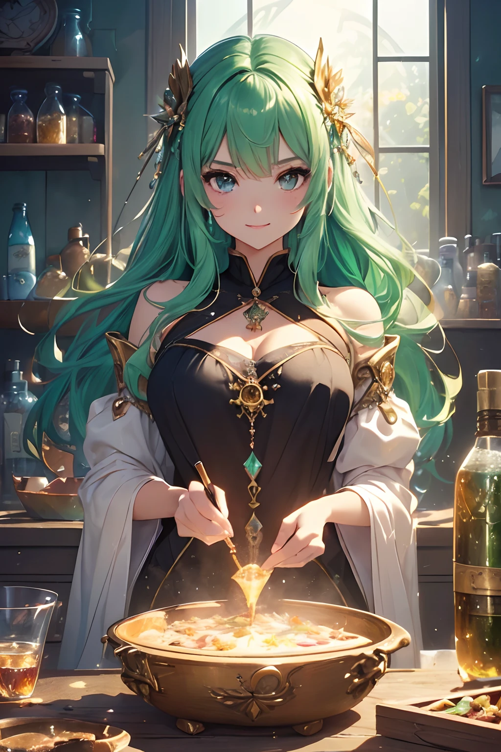 (masterpiece、top-quality、top-quality、Official art、lightly detailed、Beautifully Aesthetic:1.2)、(1girl in)、(Fractal Art:1.3)、very long hairstyle、emerald green hair color colorful, large orange crystal eyes, sparkling big eyes, complex details beautiful and delicate eyes, plump lips, red lips, close up SHOT, face shot, looking to the viewers, smiling face, meaningful expression, wearing casual attire、anime, gorgeous colorful light detail、Intuitive、sharp、Precise focus、insta photo、photo of the year、cinema4d、Dramatic、(3D), back light, sparkles, colorful light, ((masterpiece、top-quality、Watercolor art(Pendants)、Official art、Beautifully Aesthetic:1.2))、(the golden ratio:1.2)、(ultra-detailliert:1.3)、(1girl in:1.3)、(Fractal Art:1.3)、((Glitter pupils))、patterns、colourfull、(heterochromia iridis)、(colourfull:1.5)、(Hyper-detailing), ((delicate detail)), (intricate detailes), ((ciinematic light, best quality backlight)), highcontrast, ((The best lighting, extremely delicate and beautiful)), ((ciinematic light))、(ray trace reflection、brilliance)、((glowing aura))、((Radiant hair))、((The ultra-detailliert))、((8K))、((write))、Delicate beautiful face and eyes,Focus on Face, masterpiece, (realisitic:0.5)、Original 2 High Saturation、( absurderes, superfine illustration, Best Quality, extremely cute and beautiful girl, Very detailed and very beautiful adult big smile:1.2, ;D, Face up, "Mystical Potion Maker": A detailed image depicting a witch in her laboratory, surrounded by bubbling cauldrons, potion bottles, and mystical ingredients, capturing the essence of her potion-making expertise, hyper photorealistic, (extremely detailed background),(life potions shop:1.3),(displayed beautiful life potions:1.3),