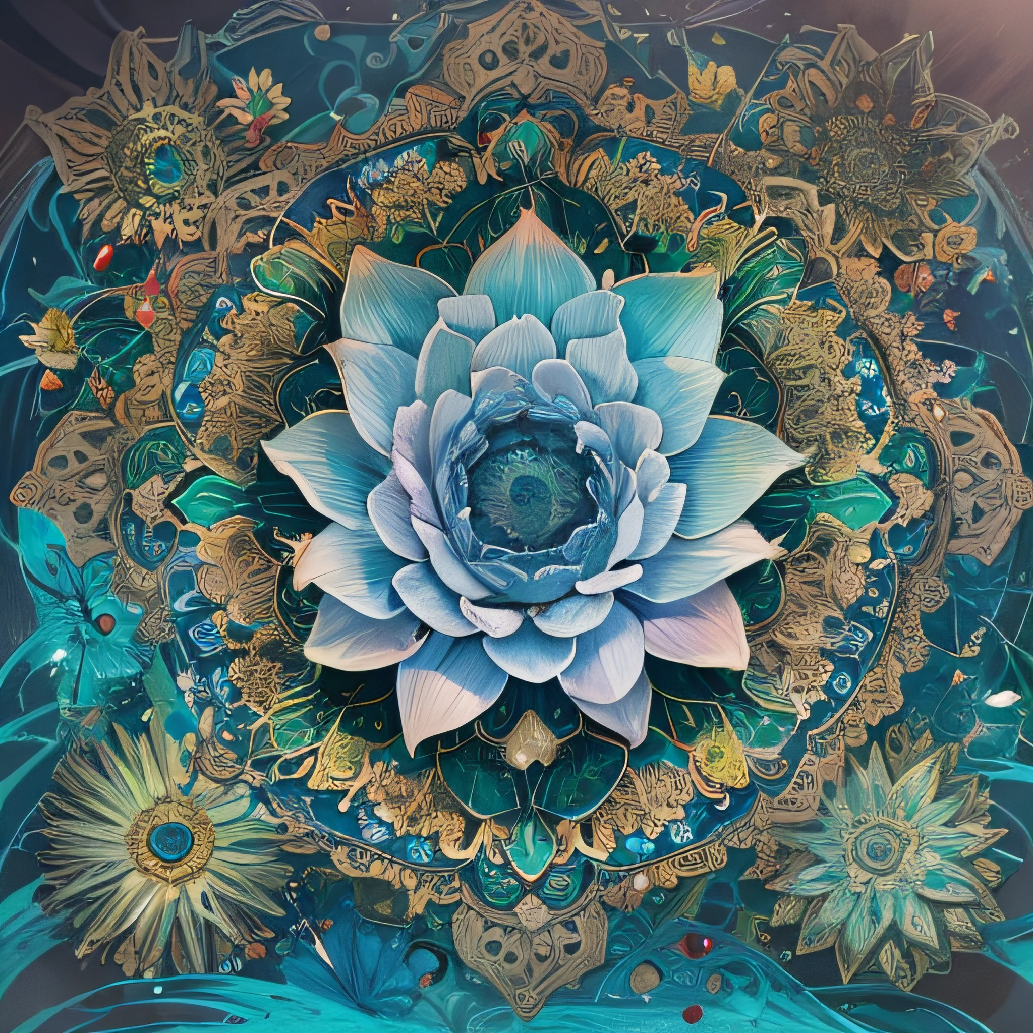 Imagine cenas tranquilas inspiradas na filosofia budista,A vibrant lotus flower stands out against a background of intense turquoise tones。The lotus flower symbolizes purity and enlightenment,Intricate petals bloom,emanating a sense of serenity。When you look deeper into the image,You'll notice a mandala-like arrangement,The constellations are elegantly arranged。A fusion of Buddhist symbolism with astrological elements,a harmonious integration,It invites contemplation and a sense of eternal connection。(The sculpture is surrealist and realistic: 0.6),