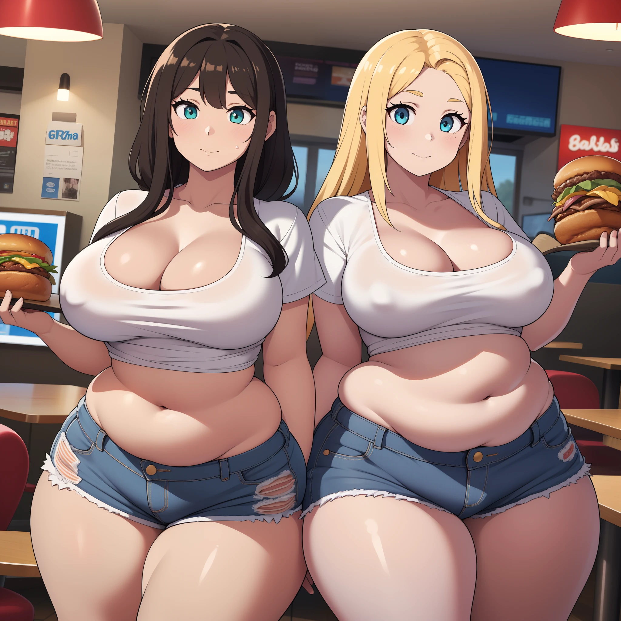 ((highres)), Masterpiece, high quality, best quality, beautiful, perfect lighting, detailed face, ultra cute face, ((2girls)), one girl has blonde hair, blue eyes, crop top and shorts skindentation, one girl has brown hair, green eyes, jeans, white shirt, thighs clothes, full body, fast food restaurant, medium breasts, perky breasts, cleavage, ((wide hips)), ((thick thighs)), ass, ((chubby)), pudgy belly, fat folds, standing, (belly grab)