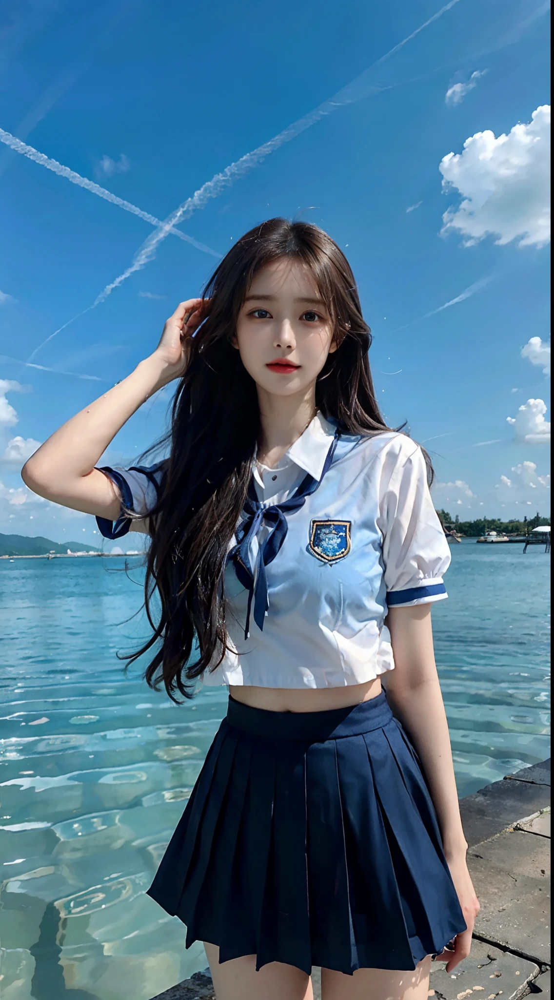 (1 Korean star with royal sister style), ((Best quality, 8K, 巨作: 1.3)), focal point: 1.2, Perfect body proportions: 1.4, (Make a smile), (Ray traching),Watery eyes, Highly Detailed Face and Skin Textur, Fine eyes, Double eyelids, Whitens the skin, (long whitr hair, Colored air bangs: 1.3), (face round: 1.5), (JK school uniform: 1.4), (standing on the sea side,Full body photo: 1.6),(Blue JK style:1.4),(Colorful background) The photo is fresh,The background is clear,High-top canvas shoes
