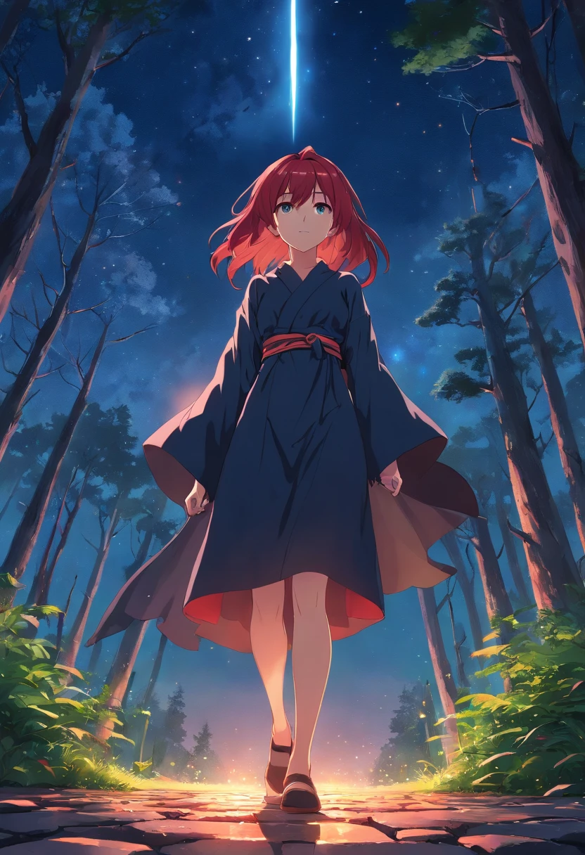 (Masterpiece), (High quality) Witch, black robe, red hair, stone floor, stars, night sky. A mysterious forest. Hyper-detailed rendering, anime style, 8k, Detailed eyes, perfect eyes, epic, dramatic, cool, cool, full body, Intricate design and details, Dramatic lighting, 8k, detailed face.