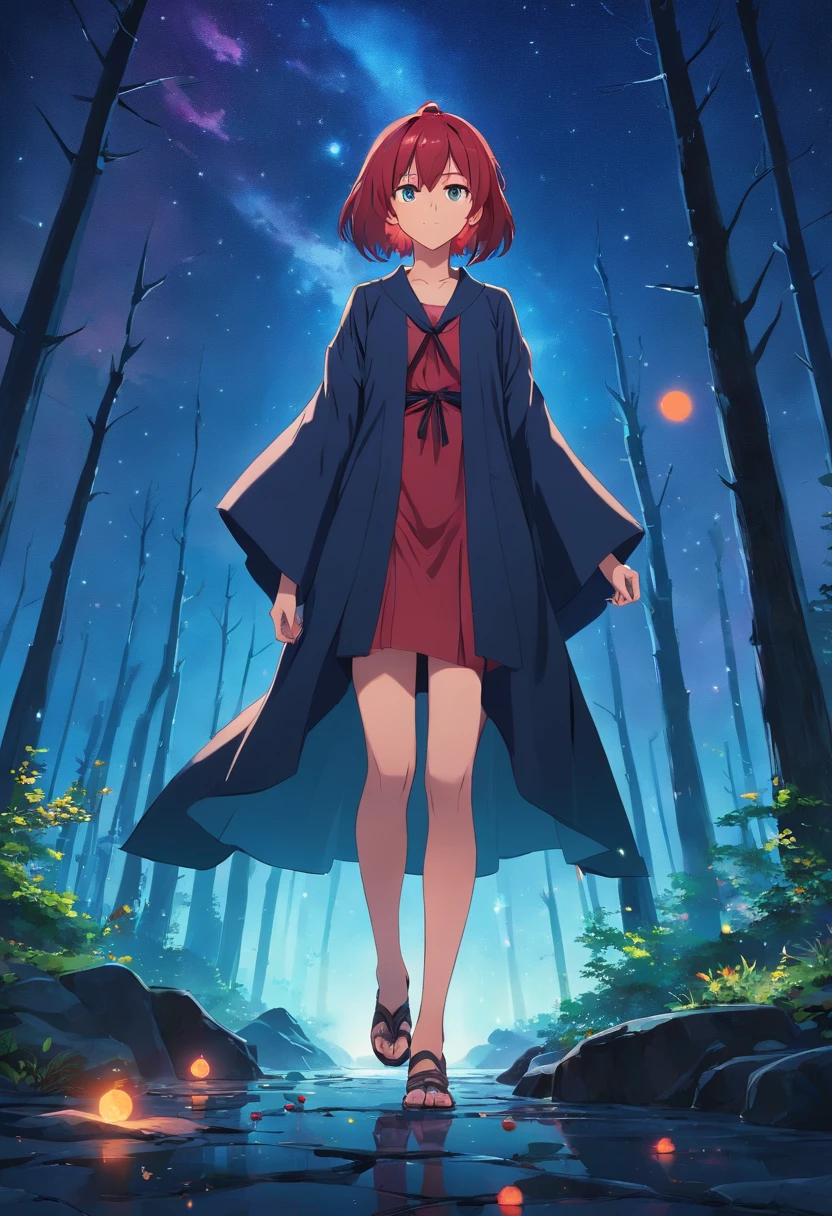 (Masterpiece), (High quality) Witch, black robe, red hair, stone floor, stars, night sky. A mysterious forest. Hyper-detailed rendering, anime style, 8k, Detailed eyes, perfect eyes, epic, dramatic, cool, cool, full body, Intricate design and details, Dramatic lighting, 8k, detailed face.