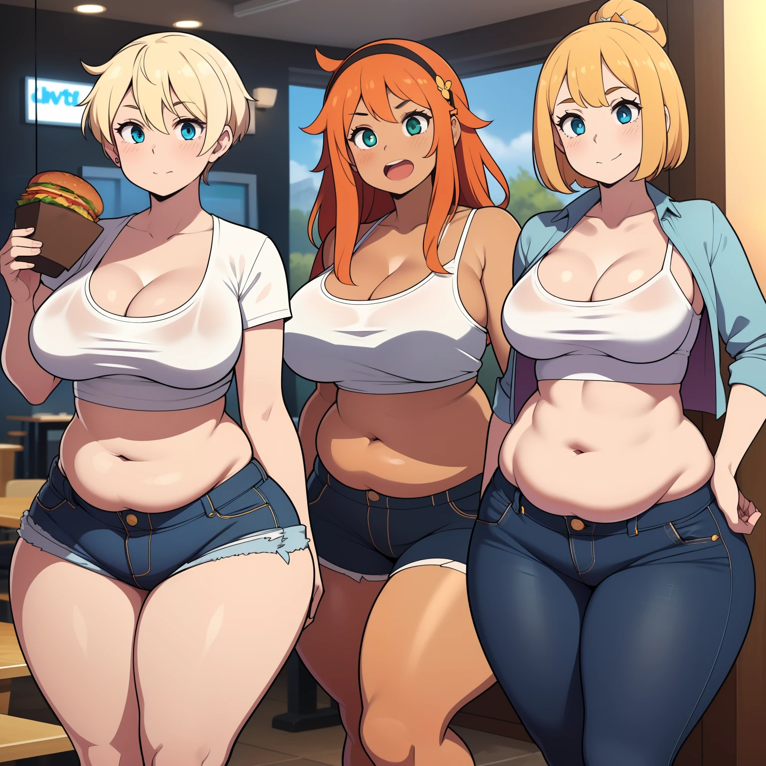 ((highres)), Masterpiece, high quality, best quality, beautiful, perfect lighting, detailed face, ultra cute face, ((2girls)), one girl has blonde hair, blue eyes, crop top and shorts skindentation, one girl has orange hair, green eyes, jeans, white shirt, thighs clothes, full body, fast food restaurant, medium breasts, perky breasts, cleavage, ((wide hips)), ((thick thighs)), ((chubby)), pudgy belly, fat folds, belly hang, standing,