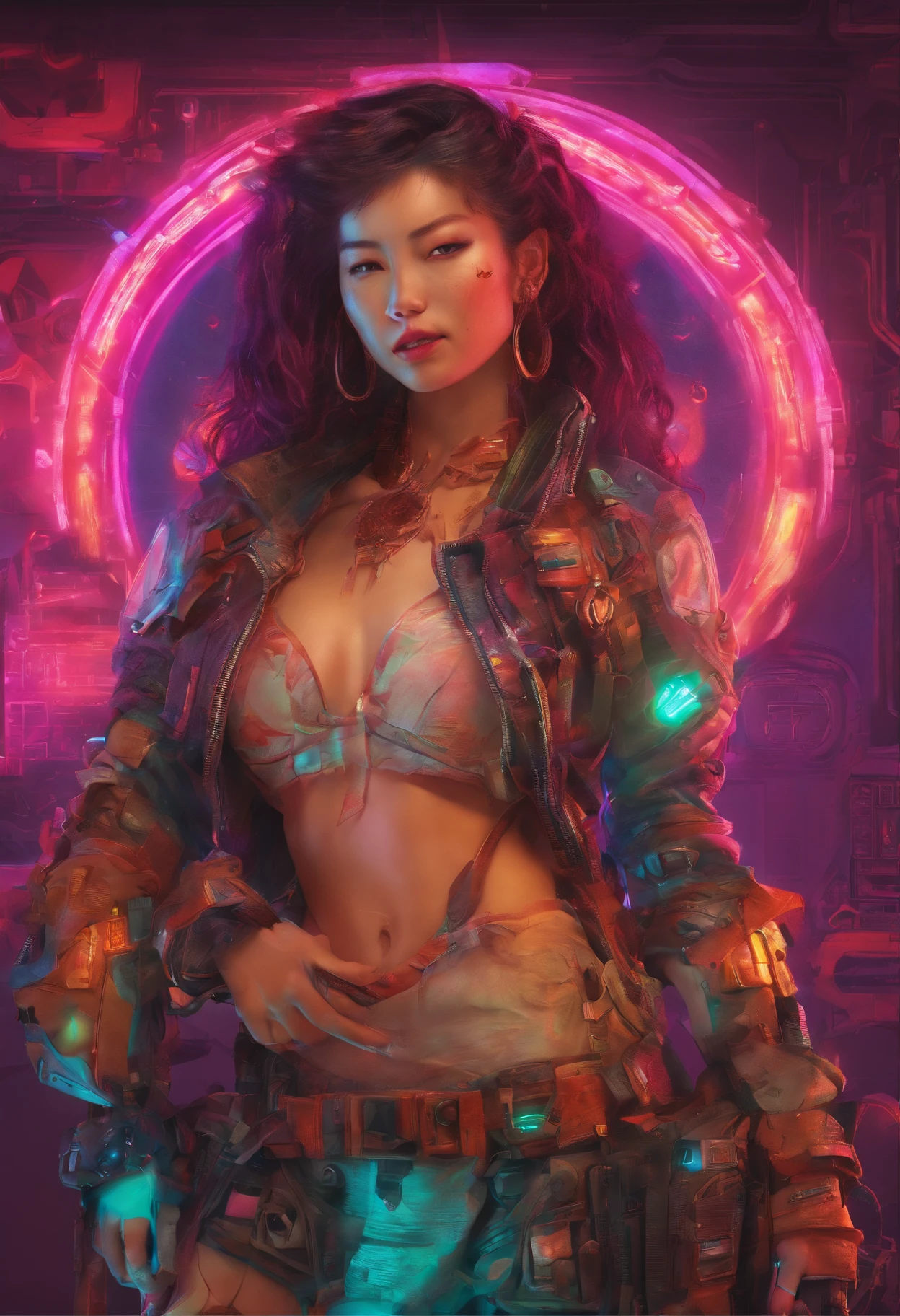 beautiful realistic full body photograph of a beautiful smiling Asian female cyberpunk character, hyperdetailed photograph asian female cyberpunk unclothed, disrobed, stripped, proportionate, dynamic pose, wearing baroque heavy leather jacket with glowing neon circuitry, baroque decoration-inspired, ornate beauty, ethereal beauty, octane render, Bar lighting,  complex, cold, dark, gritty, real life human, bold colors, (((depth of field))), concept art, by Brian Froud and Carne Griffiths and Wadim K