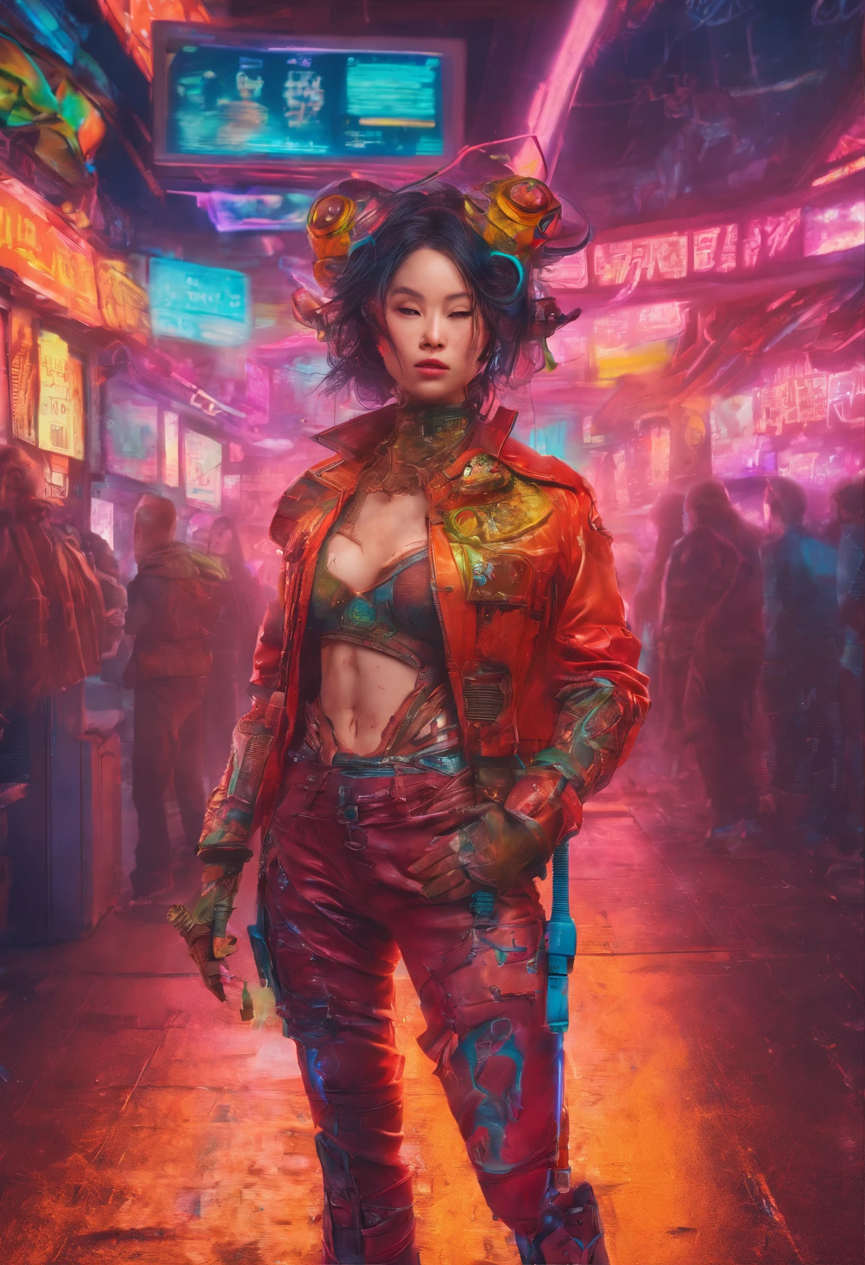 beautiful realistic full body photograph of a beautiful smiling Asian female cyberpunk character, hyperdetailed photograph asian female cyberpunk unclothed, disrobed, stripped, proportionate, dynamic pose, wearing baroque heavy leather jacket with glowing neon circuitry, baroque decoration-inspired, ornate beauty, ethereal beauty, octane render, Bar lighting, complex, cold, dark, gritty, real life human, bold colors, (((depth of field))), concept art, by Brian Froud and Carne Griffiths and Wadim K