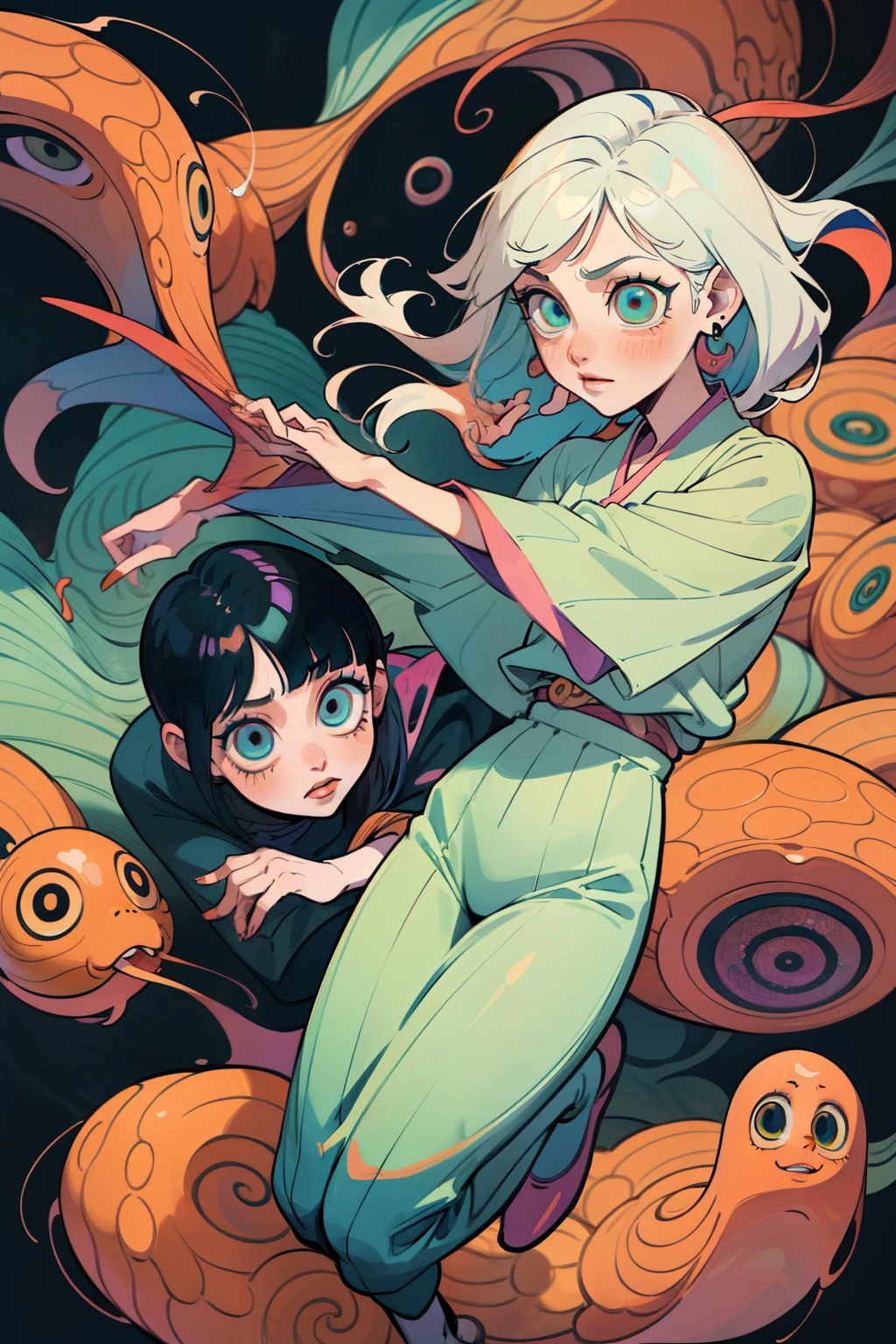 octopus girl underwater with fishes everywhere holding breath eating fish, Ultra maniac anime manga style theme (nana manga) Kamikaze kaitoujin, full body high quality 4k illustration, ceiling view pose girl looking into camera from a white bedsheet and blood splatter, Junji ito style, (uzumaki, lit. "Spiral") is a Japanese horror manga series written and illustrated by Junji Ito, horror illustration, (uzumaki) (tomie) (a girl,beauty,2girls,3girls)cool detailed eyes,beautiful detailed lips,extremely detailed eyes and face,longeyelashes,colorful hair,confident smile,stylish outfit, earrings (yummy) food in a dynamic pose(aesthetic style),vibrant colors,street-art inspired background,urban lighting, pearly white and oranget, horror Comic book. White hair streaks, aqua blue hair, hair with a lot of flow and blonde, city scape, clothes, lingerie laying on the floor
