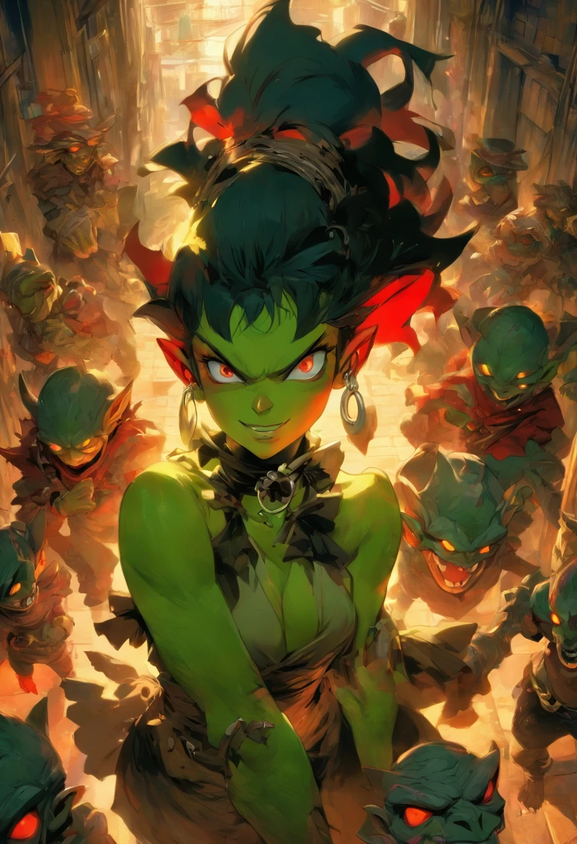 1girl,solo,goblin girl,black hair, short hairs,red eye,colored skin,green skin,huge breasts,smug,maid,ring earrings,chocker,indoor,cowboy shot,Mop in hand