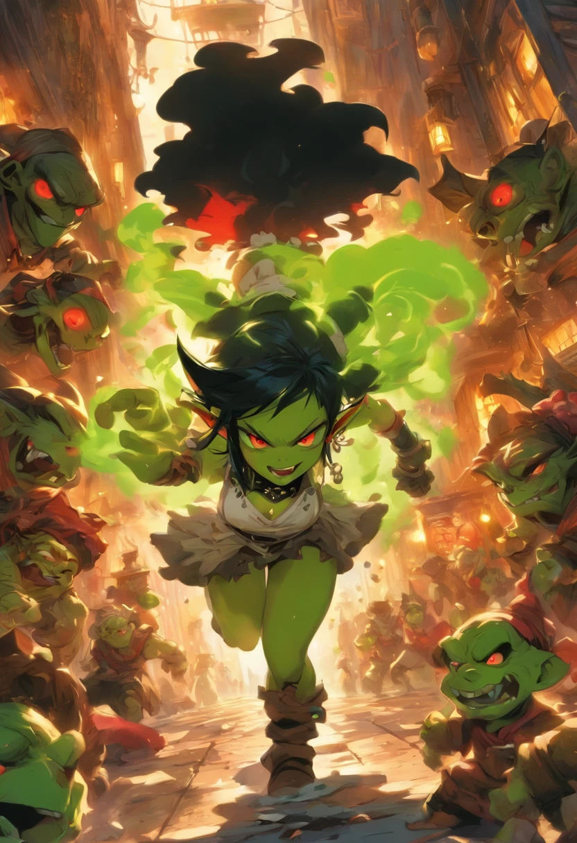 1 woman, goblin, beautiful, petite, long black hair, brown eyes, determined gaze, seductive gaze, goblin skin, dark green skin, full body, medium breasts, dark nipples,(( bare breasts, chest out, topless, braless, bare breasts, chest out, bare breasts)), breasts hanging, bracelets, earrings, necklaces, bone, sitting, throne, open legs, fur loincloth, exposed crotch, dynamic pose, highly detailed, background with flower petals , blue sky, hands, sign of penetration