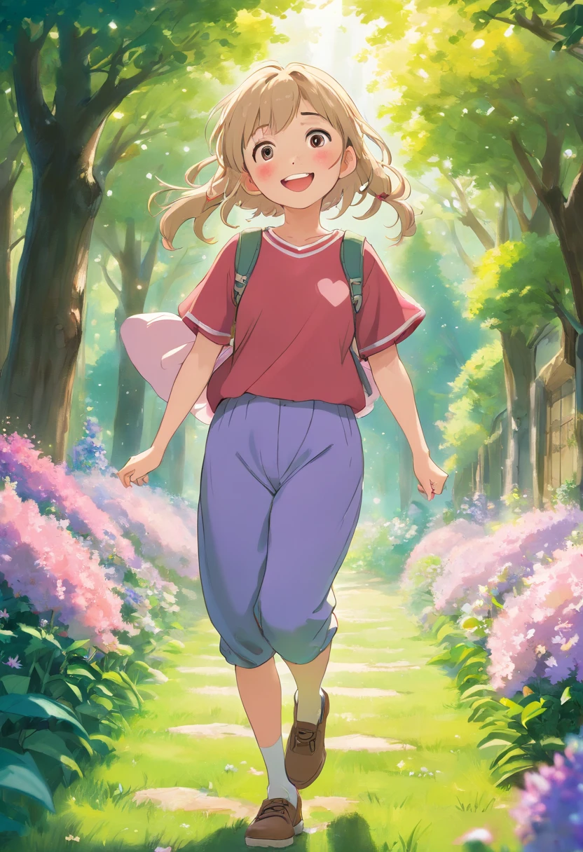 (best quality,4k,8k,highres,masterpiece:1.2),ultra-detailed,(realistic,photorealistic,photo-realistic:1.37),bright lighting,in a garden,1girl,beautiful detailed eyes,beautiful detailed lips,extremely detailed face,long eyelashes,physically disabled:1.1,brown-eyed blonde girl wearing sweatpants and a bright smile,kind-hearted,gentle,happy,loving,carrying her prosthetic leg:1.1,cute freckles,playing,laughing,curious expression,flower-filled garden,nature's vibrant colors,fresh breeze,rays of sunlight,soft green grass,framed by tall trees,hint of pink and purple flowers in the background,peaceful and serene atmosphere,blissful and carefree childhood,surrounded by love and support,encouraging her at every step。