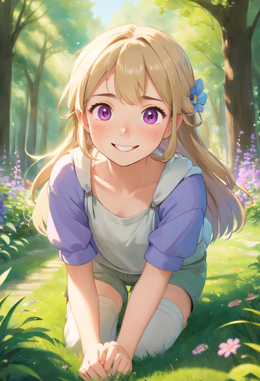 best qualtiy， tmasterpiece， 超高分辨率， realisticlying， 1 girl， long  white hair，Heterochromic pupils，Loose T-shirt top，（slightly drunken expression），（Stick out your tongue），（winking）（M-legs）Bottoms purple stockings，trpical garden，wide angles