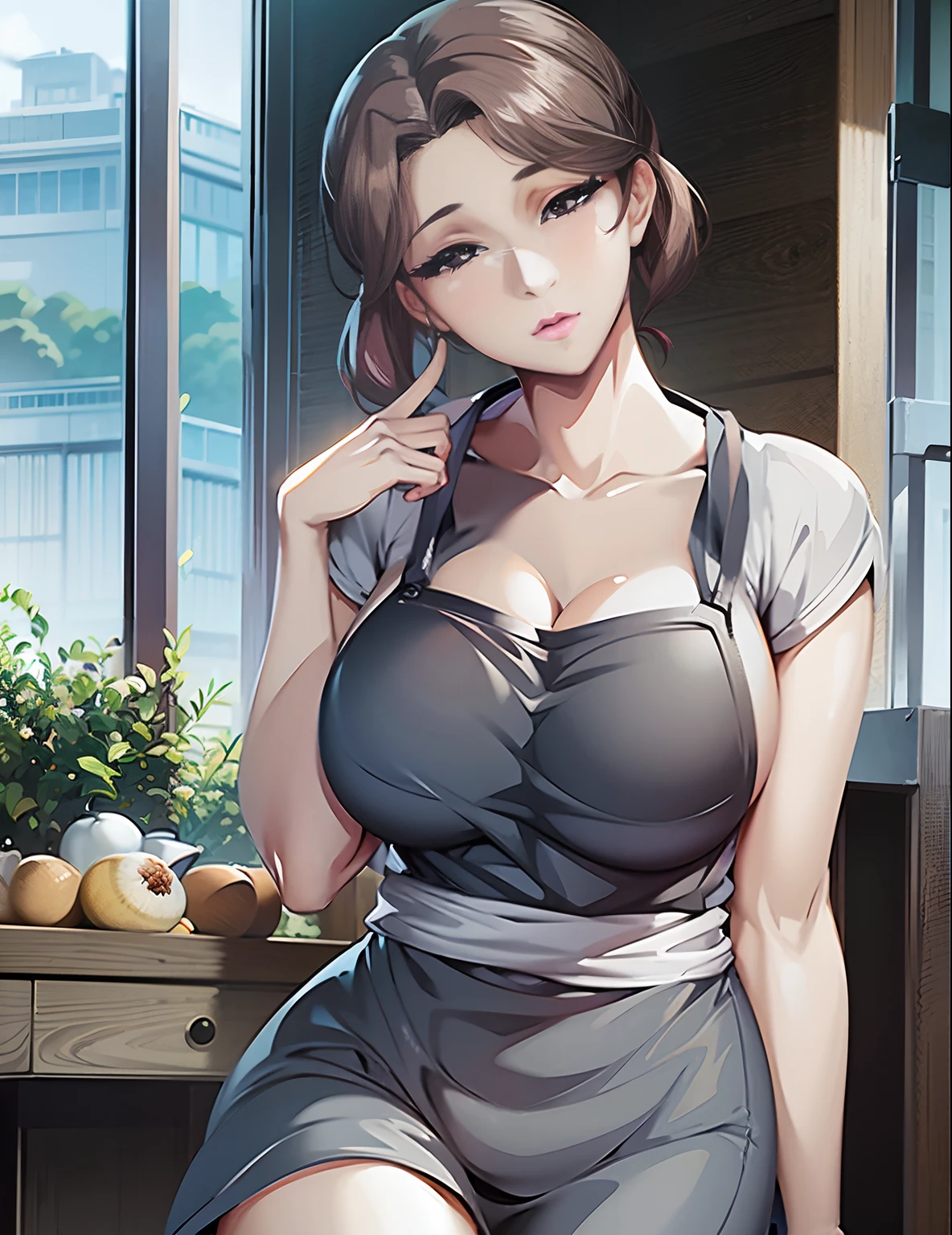 Kitagawa Utamuro style, anime visual of a young woman,Focus on the face,exquisite and beautiful face,high ponytails,Long hair，城市,Outdoors,Stand up,long leges,Mature woman,Big breasts wife,Married Woman,Mature woman,office  lady,(Masterpiece), (Best quality), (Ultra detailed),(Disheveled hair),huge tit,stiletto,Slender and tall,Exquisite details,Feet are delicate,full-color,