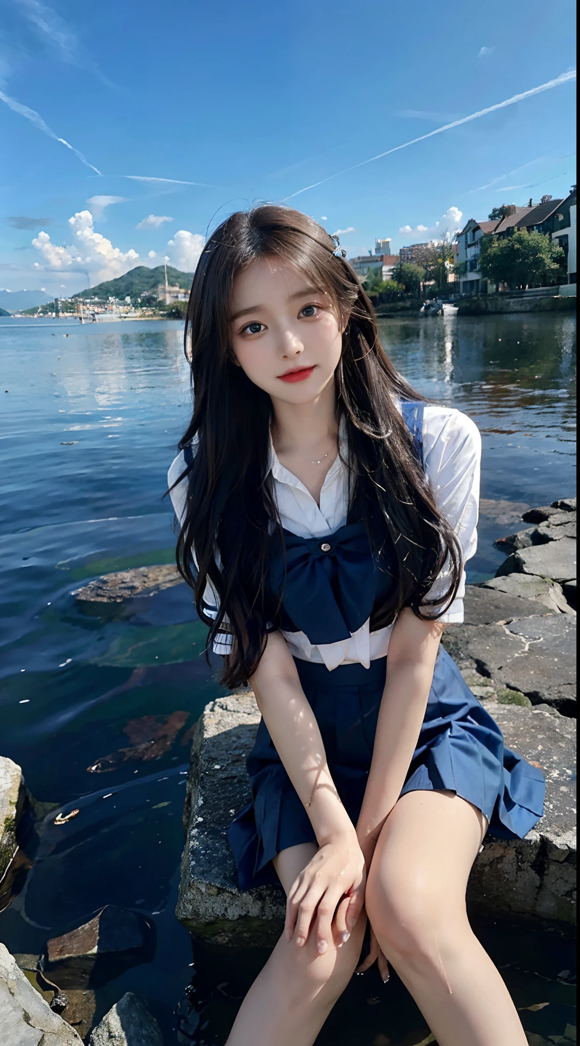 Masterpiece, Best quality, 1girll, Loli, Brown hair, Blue eyes,Very long hair, hair flower, school uniform, blue uniform, Mini skirt, cheerfulness, Amazing, Beautiful detailed eyes, finedetail, Depth of field, Extremely detailed CG, Original, Outdoors, Beautiful and delicate hands, Beautiful detailed fingers, soaking wet, Knees under water, beautiful detailed water, Beautiful detailed sky, fluttered detailed splashs, author, Colorful, hdr, colorful refraction, inematic lighting,
