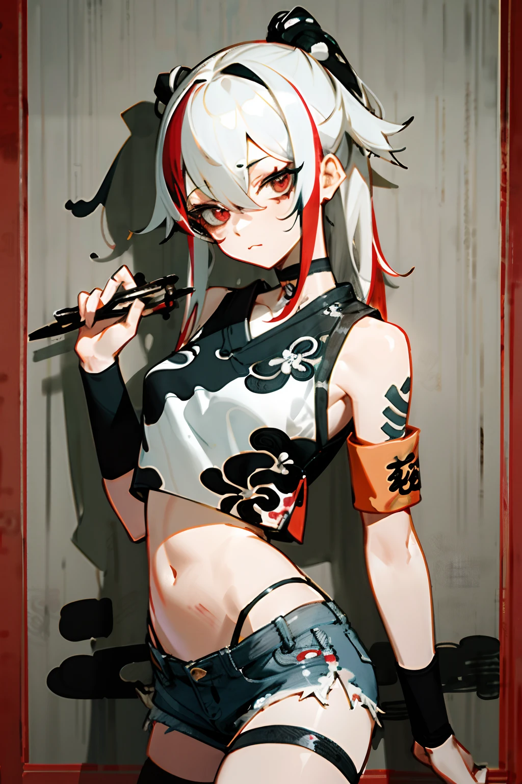 absurdres, best quality,1girl, solo, streaked hair, crop top, denim shorts, choker, (chinese ink painting:1.5),  paint splatter, arms behind back, (slouching), leaning back, against wall, (leaning to the side:0.25), looking at viewer, armband, thigh strap, streaked hair, paint on body, upturned eyes, head down, head tilt, (from side:0.75), bored, (expressionless:0.75)
