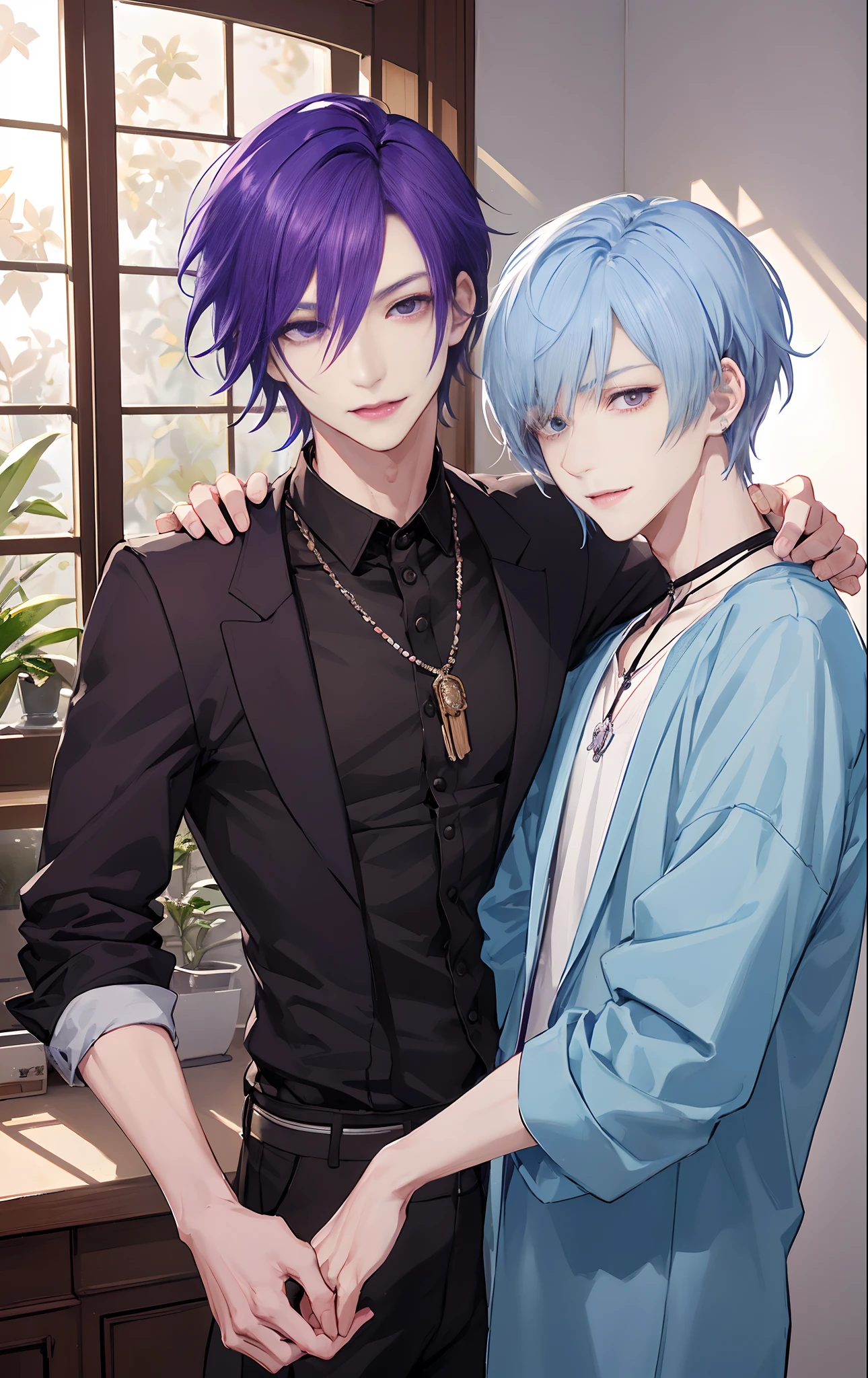 ​masterpiece, top-quality, 2Others, Male couple, 1 man and 1,, Adults, Height difference, different fashion, different color, finely eye and detailed face, intricate detailes, Casual clothing, Oversized shirt, Modern urban streets, A smile, Happiness, tenderness, queers, high-level image quality、 Two beautiful men、tall、The upper part of the body、nightfall、nighttime scene、𝓡𝓸𝓶𝓪𝓷𝓽𝓲𝓬、Korean Male, Idol Photos, k pop, Professional Photos, Vampires, Korean fashion in black and white, Fedoman with necklace, inspired by Sim Sa-jeong, androgynous vampire, :9 detailed face: 8, extra detailed face, detailed punk hair, ((eyes are brown)) baggy eyes, Seductive. Highly detailed, semi realistic anime, Vampires, hyperrealistic , delicate androgynous prince, imvu, short hair above the ears, Man with short hair, Purple-haired man with a glaring expression and a man with light blue hair with a gentle expression, With a short-haired man with bright purple hair, Man with light blue hair