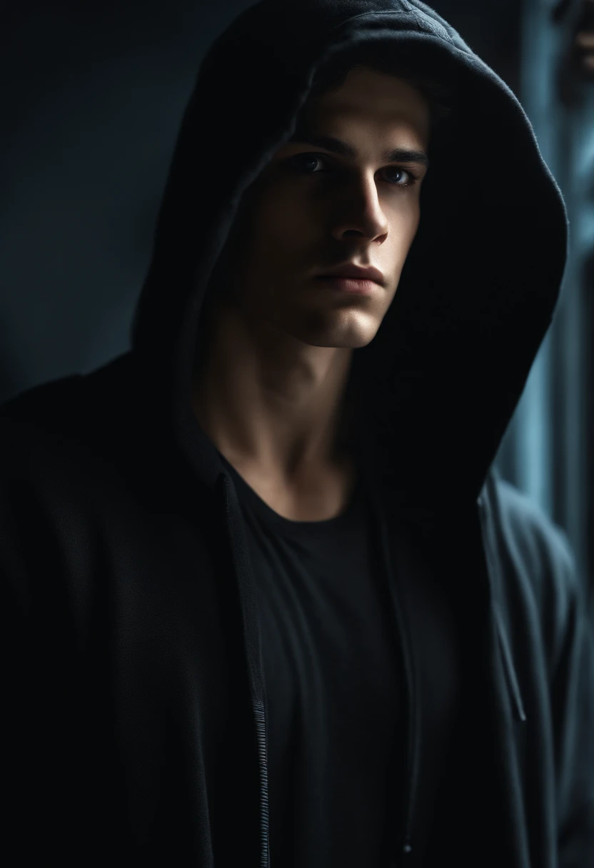 A BUILD YOUNG GUY WEARING BLACK HOODIE ,HE WORKS AS A GHOST HUNTER, clear eyes, Perfect Body, (look down at the viewer:0.8), (pureerosface_v1:0.2), detached sleeves, Open mouth, (Masterpiece;1.0), (Photorealistic:1.4), (Sharp focus:1.2),