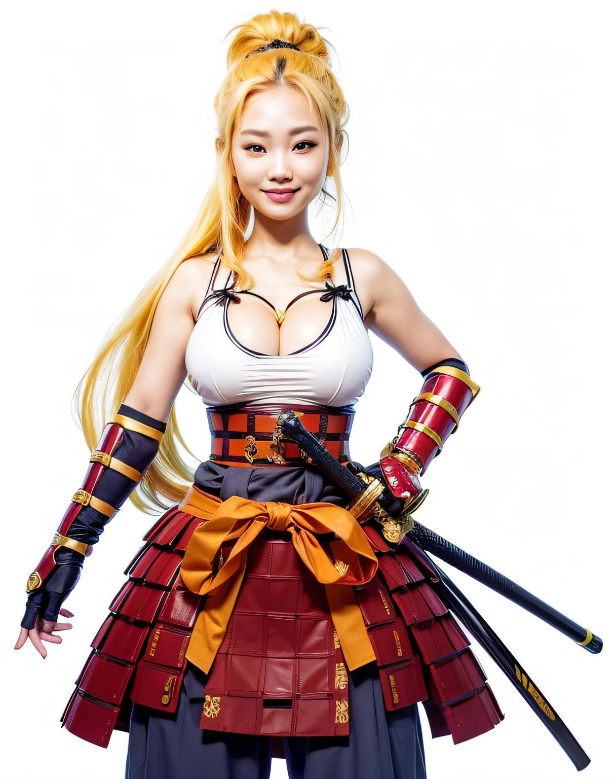 a pretty asian woman smiling with big boobs and yellow hair carrying two samurai swords with orange ropes wrapped around her waist, ultra realistic, high quality, detailed face